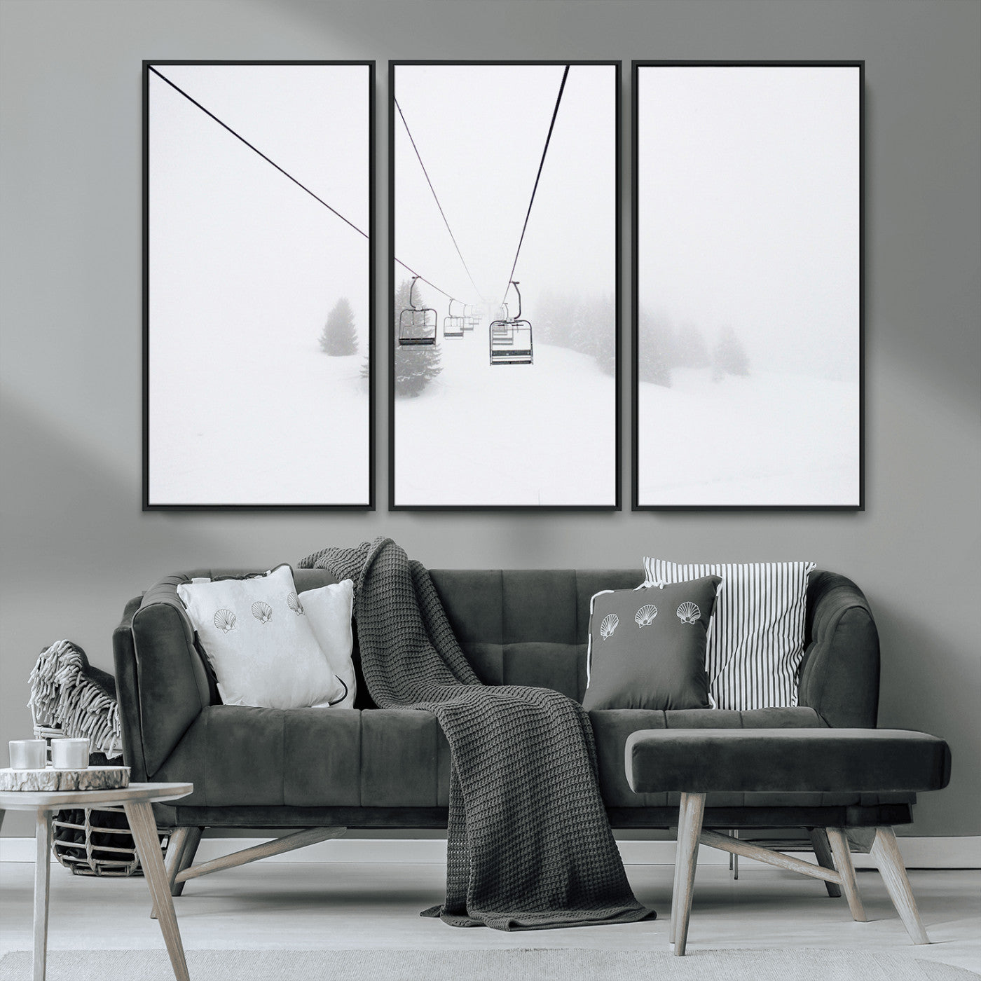 20216390-MGV-CV-36X24-Ski Lift Wall Art Canvas Print, Framed Snowy Landscape Art Picture Print, Alpine Adventure Perfect Nordic Minimalist Decor Artwork