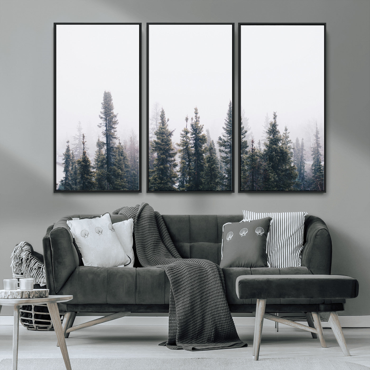 42364796-MGV-CV-36X24-Foggy Forest Wall Art Canvas Print, Framed Misty Pines Art Picture Print, Moody Woodland Perfect Scandinavian Minimalist Decor