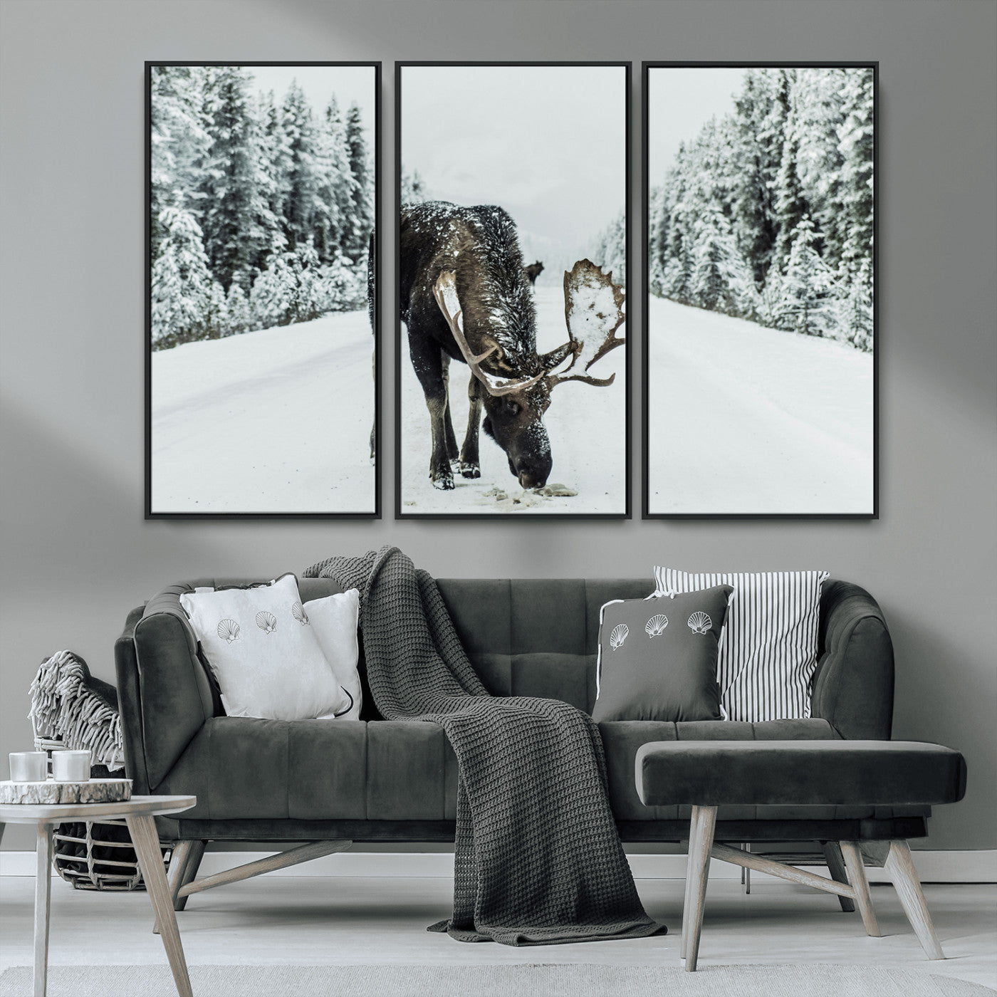 13316292-MGV-CV-36X24-Moose in Snow Wall Art Canvas Print, Framed Winter Wildlife Art Picture Print, Snowy Forest Scene Perfect Rustic Lodge Decor