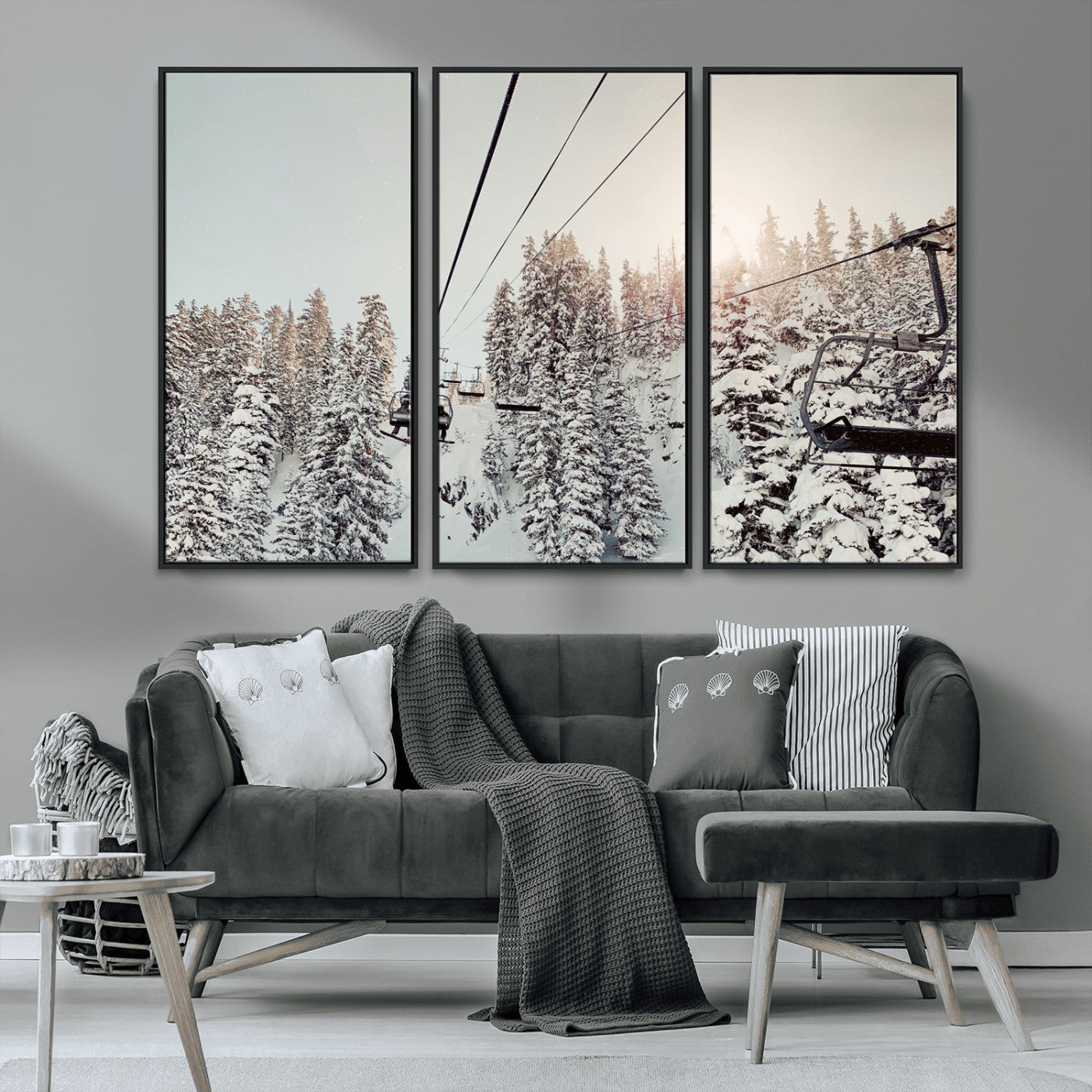 91534512-MGV-CV-36X24-Frosty Pines Wall Art Canvas Print, Framed Cozy Cabin View Art Picture Print, Ski Lift Ride Perfect Rustic Lodge Decor Artwork