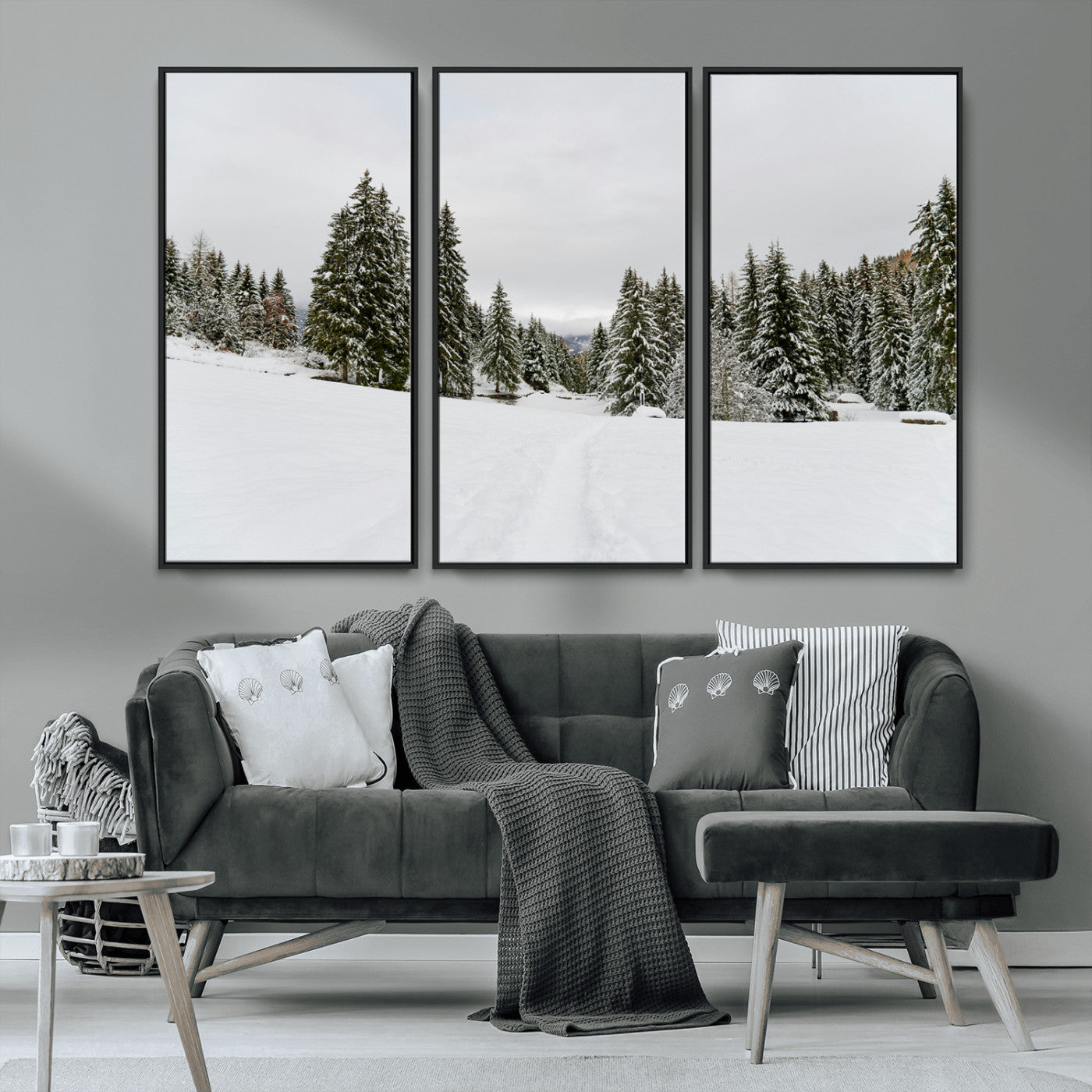 24581417-MGV-CV-36X24-Frosty Pines Wall Art Canvas Print, Framed Silent Snowfall Art Picture Print, Cozy Cabin Vibes Perfect Nordic Minimalist Decor