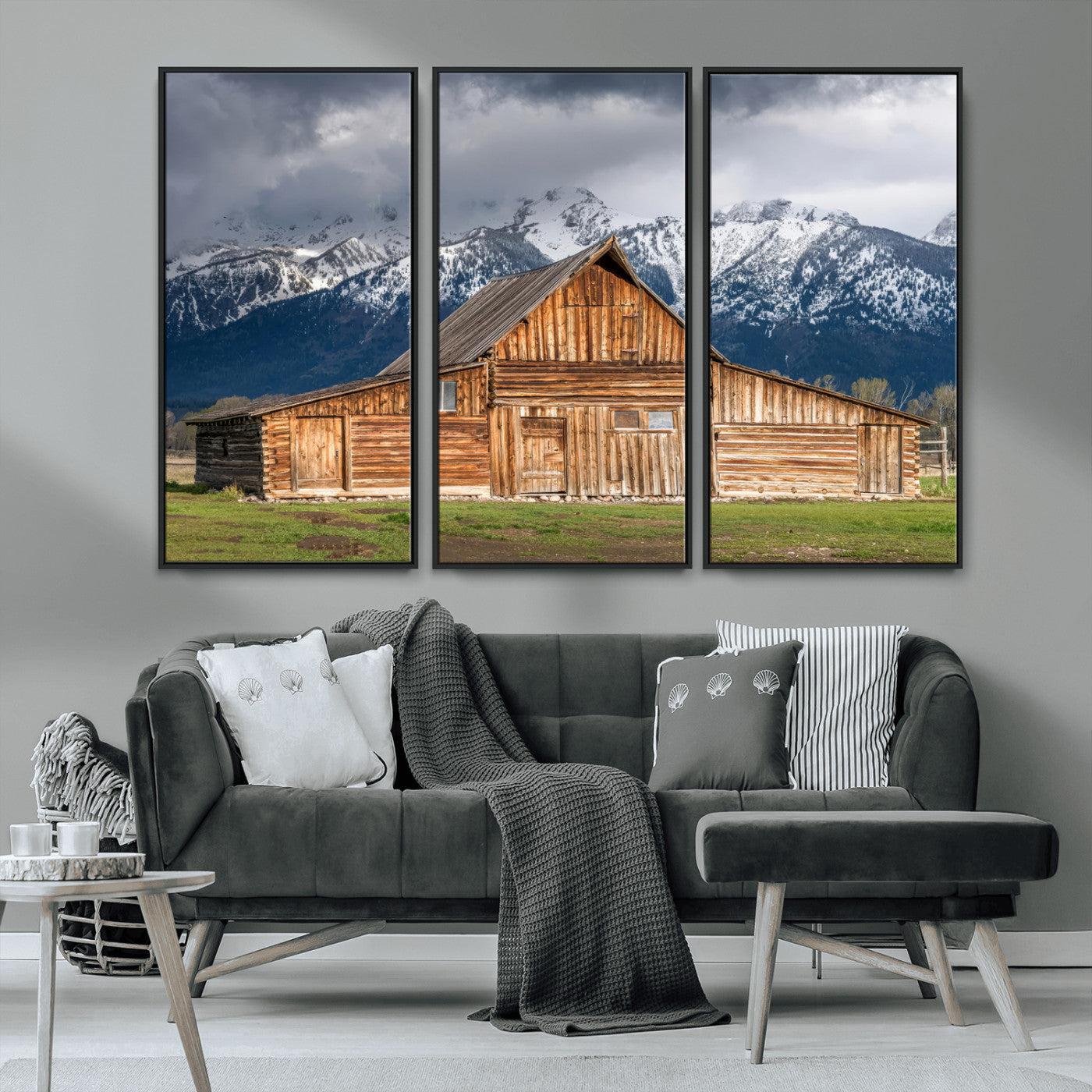 15173627-MGV-CV-36X24-Barn Wall Art – Rustic Wooden Cabin Canvas Print with Snowy Mountain Landscape, Western Farmhouse Country Decor for Living Room,