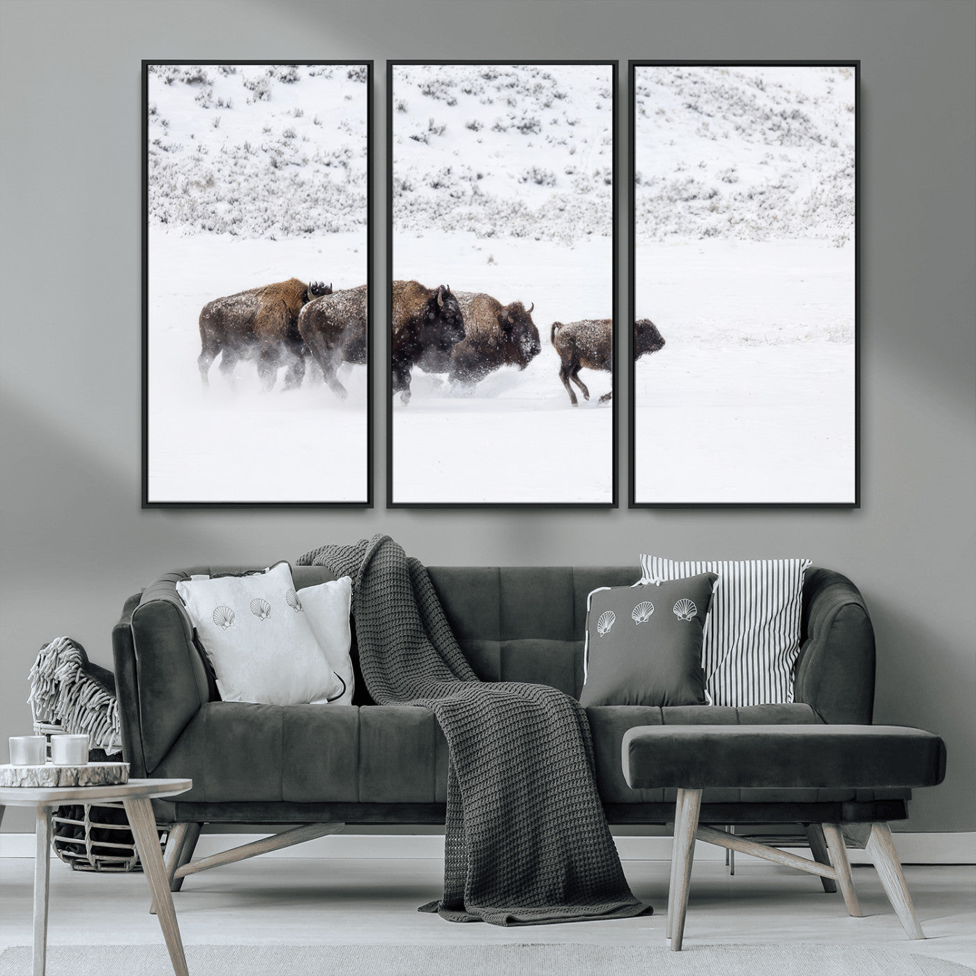 61161423-MGV-CV-36X24-Running Bison Herd Wall Art – Winter Buffalo Canvas Print, Wildlife Photography Decor for Rustic Living Room, Farmhouse, Lodge,