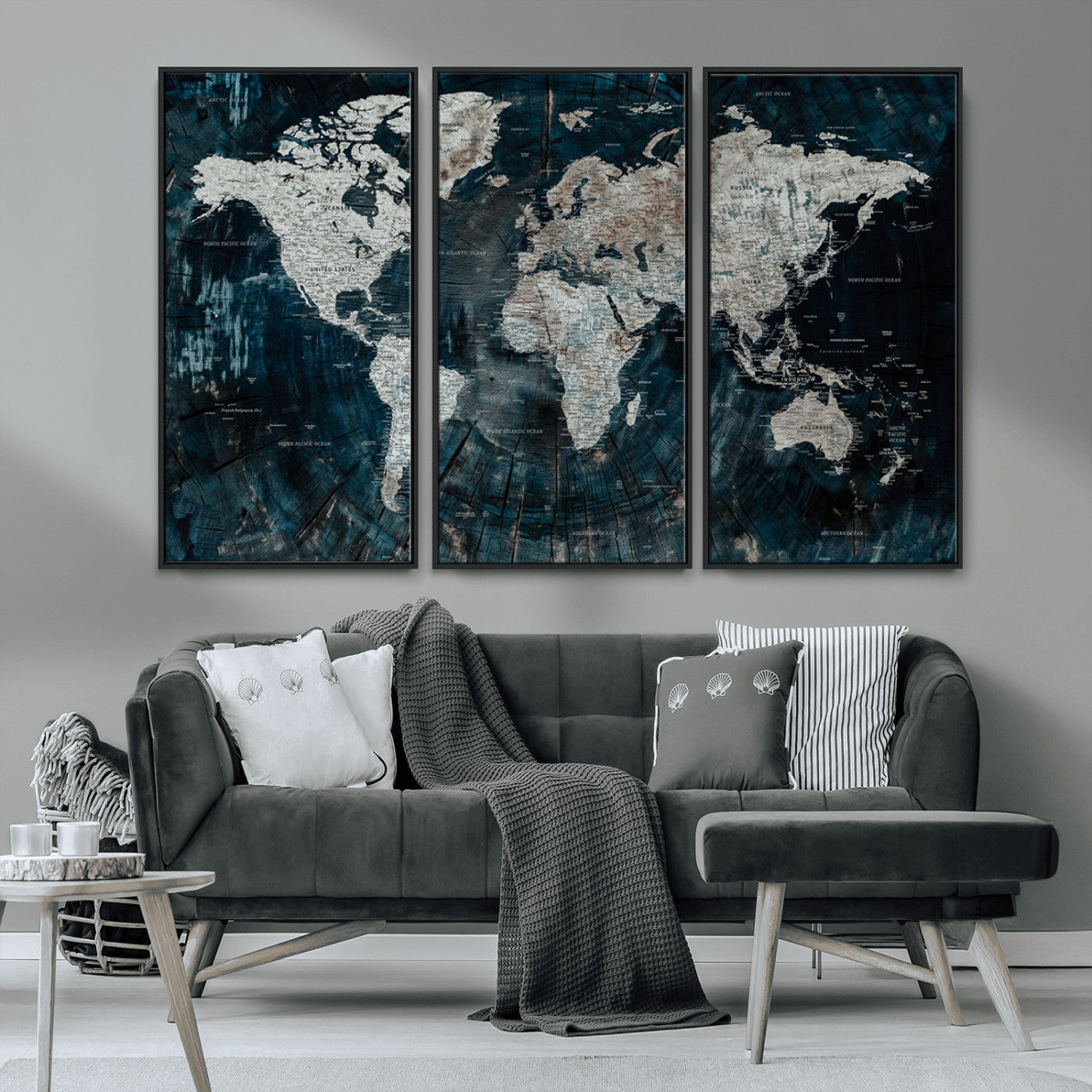 34425609-MGV-FC-48X32-3P_Black-World Map Wall Art – Rustic Navy and Grey Atlas Canvas Print, Distressed Explorer Map Artwork, Industrial Style Decor for Office,