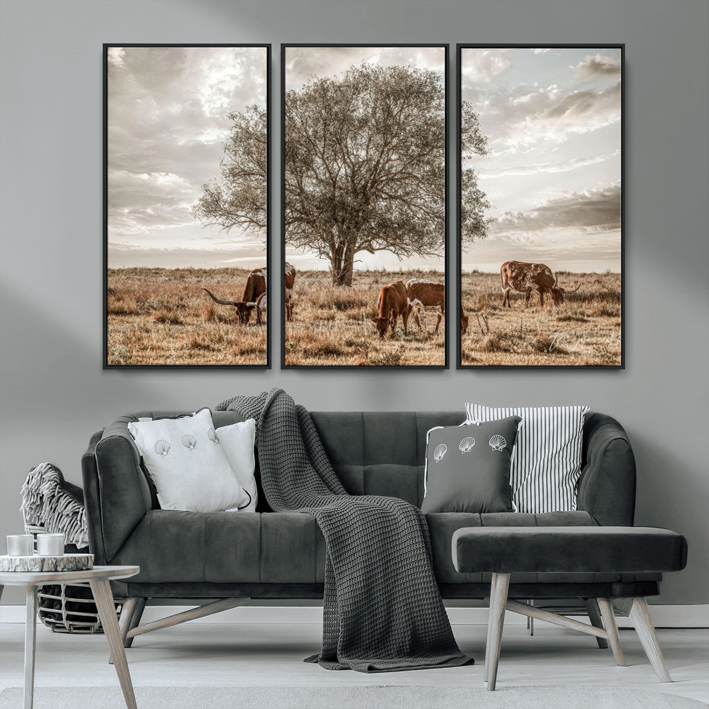 87590224-MGV-CV-36X24-Longhorn Cattle Wall Art – Rustic Western Landscape Canvas Print, Texas Farmhouse Prairie Scene for Living Room, Office, or Ranch