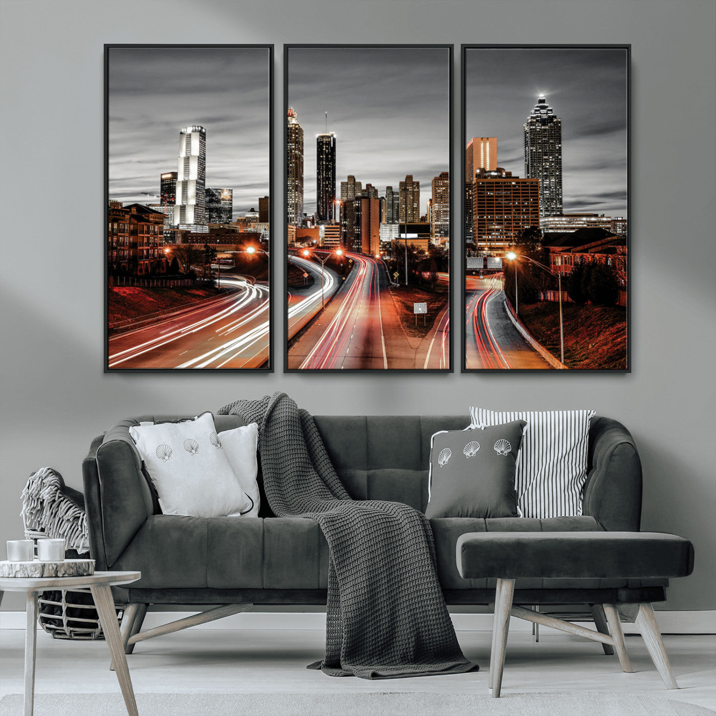 59097239-MGV-CV-36X24-City Skyline Wall Art – Modern Black and White Night Canvas Print with Red Light Trails, Urban Landscape Decor for Living Room or