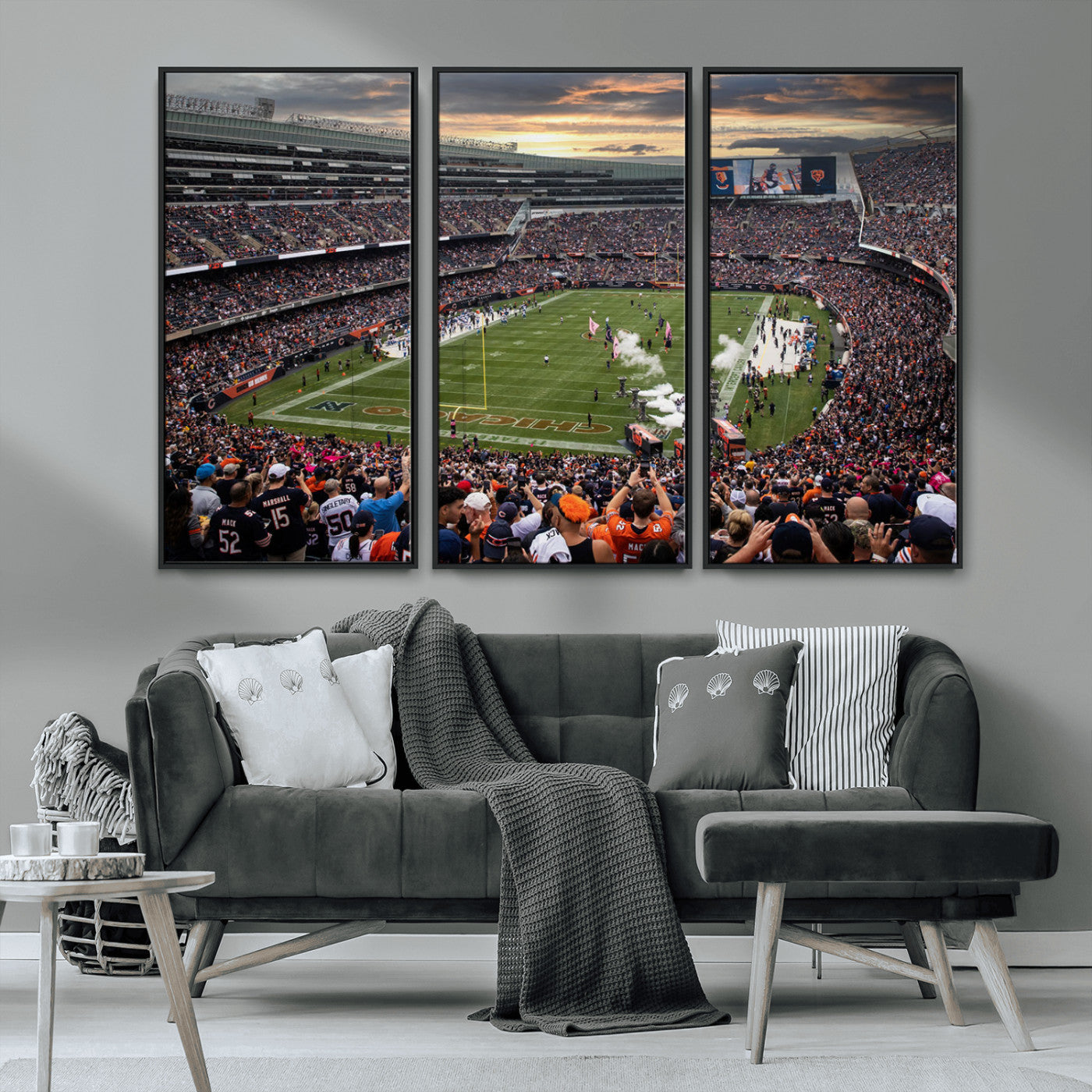 87578930-MGV-FC-48X32-3P_Black-Soldier Field Wall Art – Chicago Bears Football Stadium Sunset Canvas Print, Game Day Sports Decor for Man Cave, Bar, Office, or