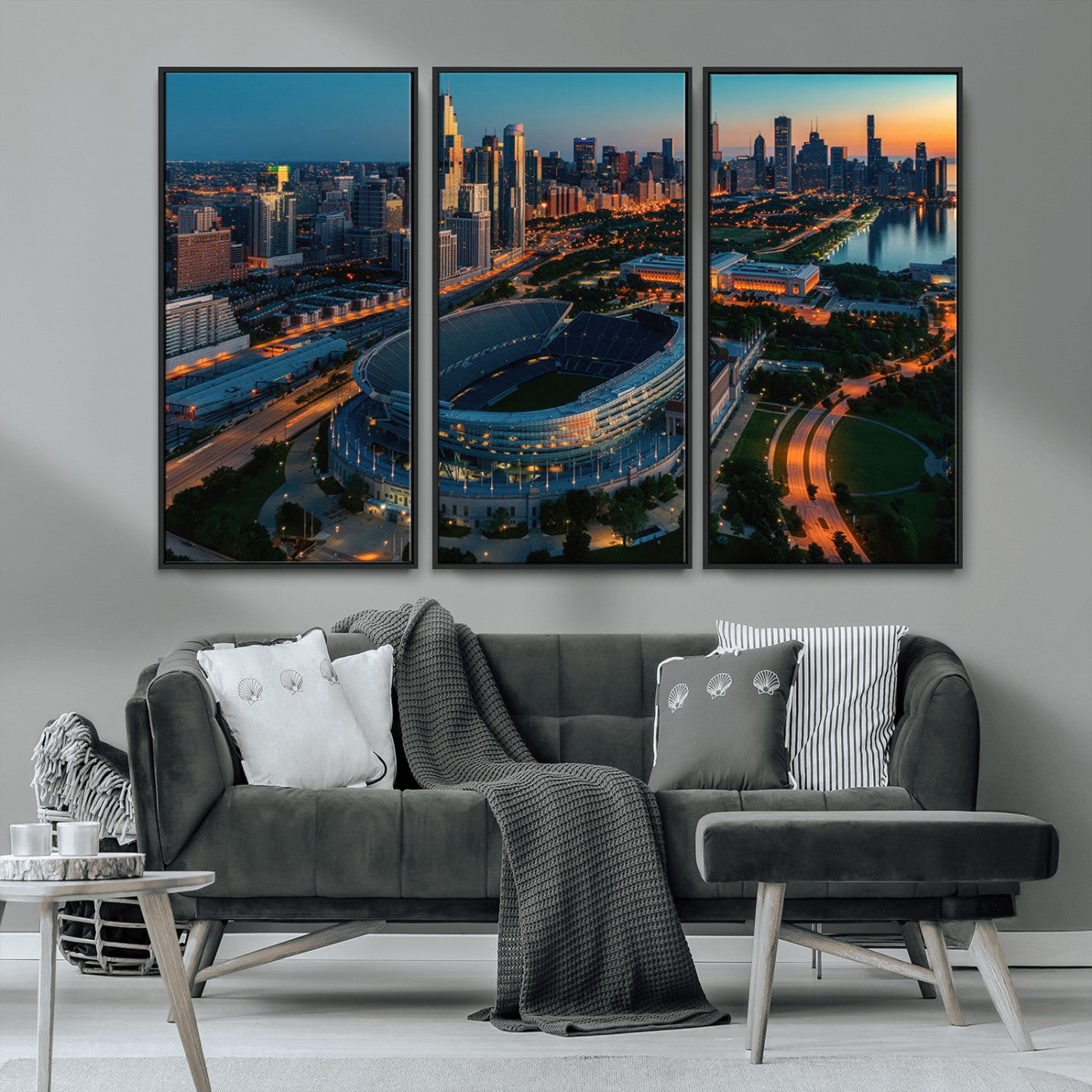 36690345-MGV-CV-36X24-Soldier Field Wall Art – Chicago Bears Stadium Aerial Night Canvas Print, City Skyline Football Decor for Living Room, Office, or