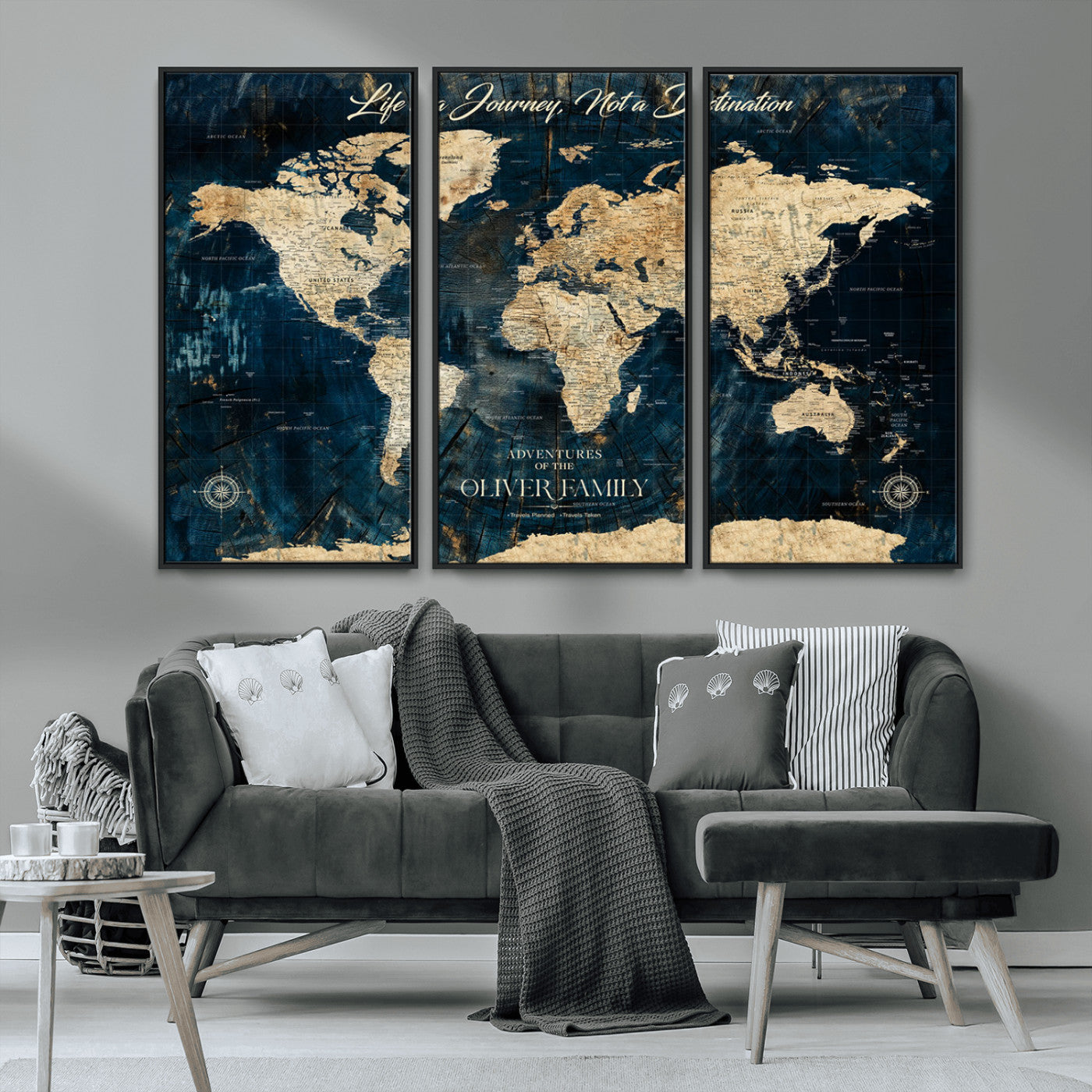 36970886-MGV-FC-48X32-3P_Black-Life is a Journey Not a Destination World Map Rustic Navy Beige Vintage Travel Wall Art Adventure Quote Canvas Print for Home