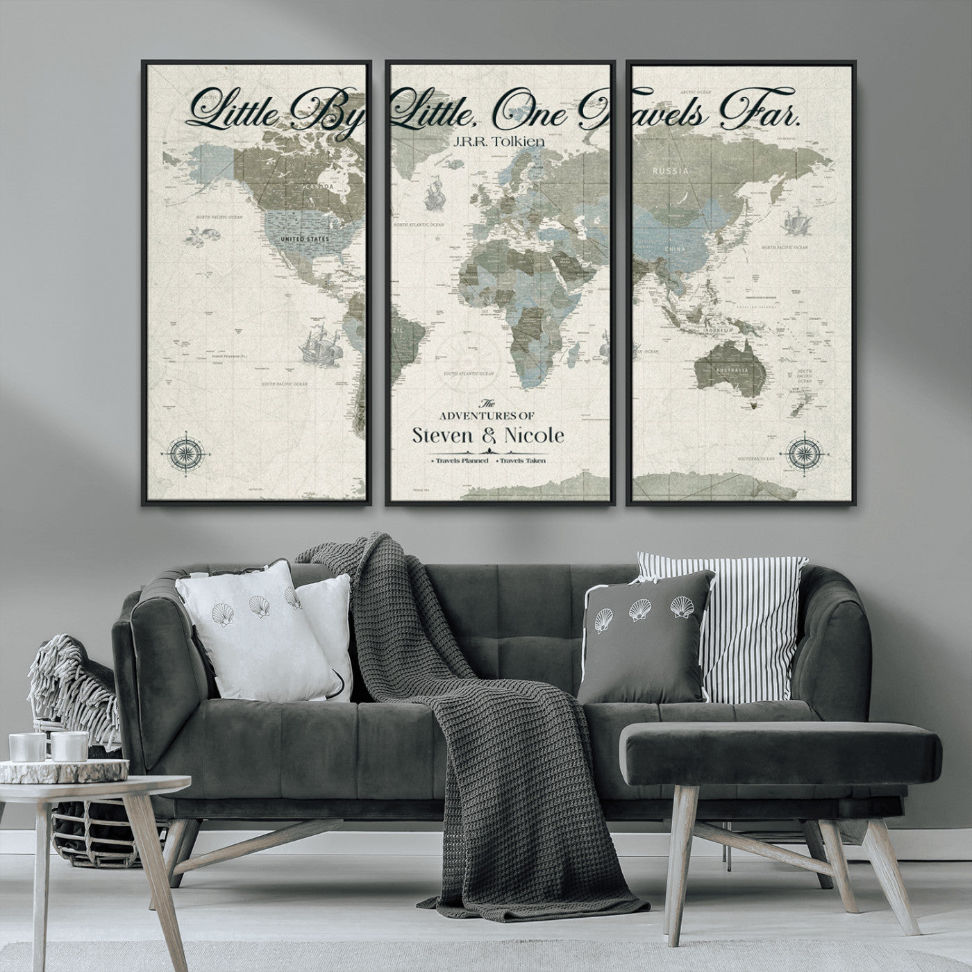10693204-MGV-CV-36X24-Little By Little One Travels Far Tolkien Quote Blue Green World Map Adventure Wall Art Canvas Print Rustic Wanderlust Travel Decor