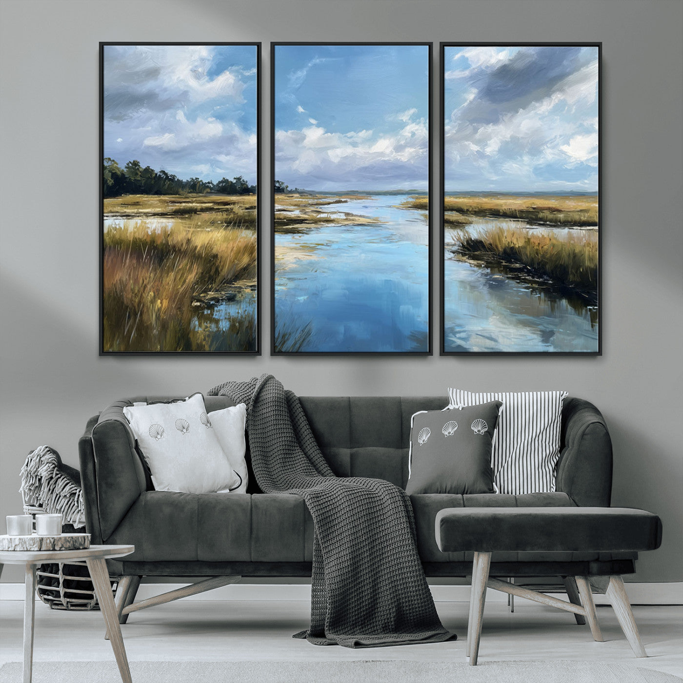 87082041-MGV-CV-36X24-Painted Marshland Canvas Wall Art – Serene Water Reflection, Blue Sky, Golden Grass Landscape, Calm Nature Decor for Home, Office,