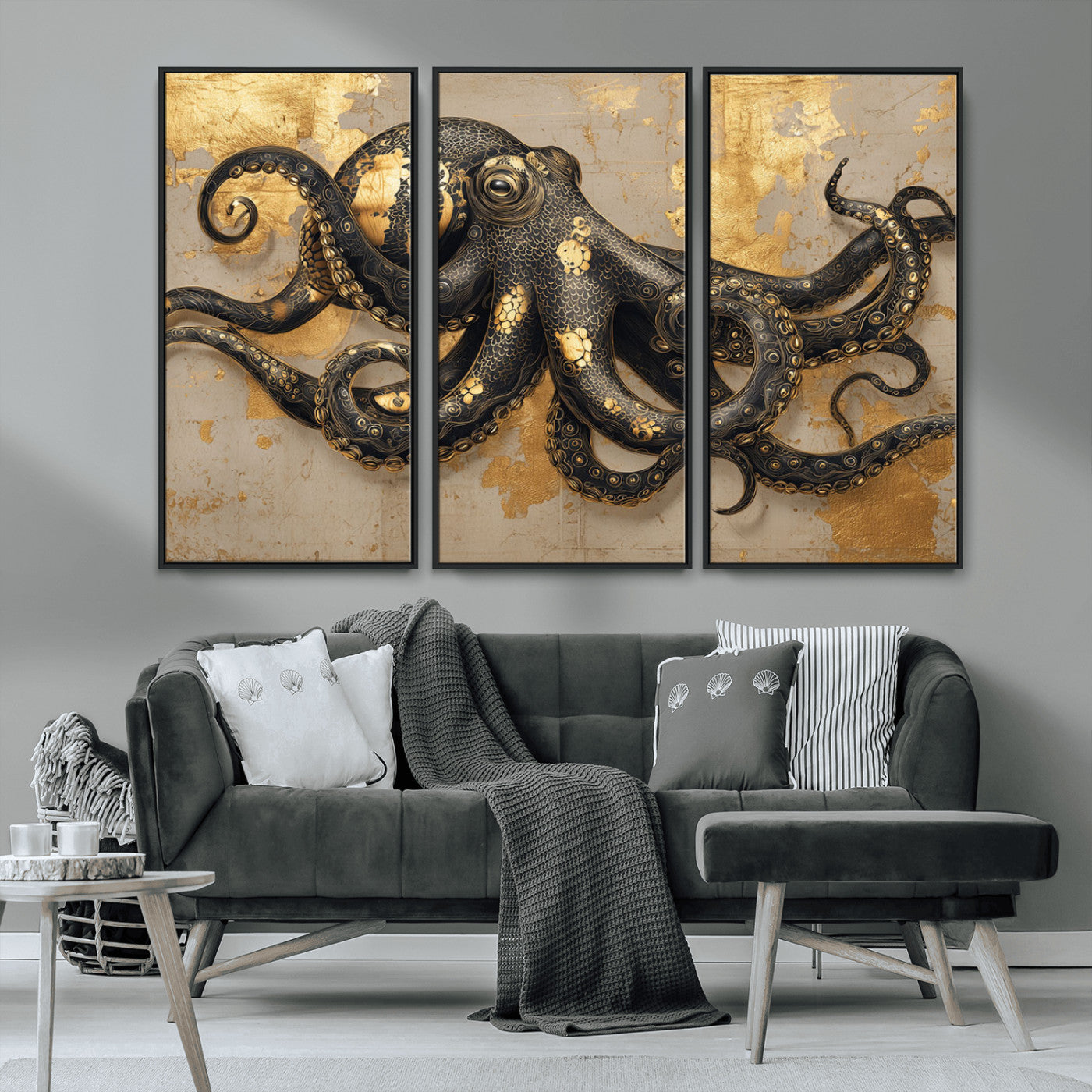 57944271-MGV-CV-36X24-Octopus Wall Art – Black and Gold Nautical Canvas Print, Modern Ocean Inspired Artwork with Elegant Detailing, Coastal Marine