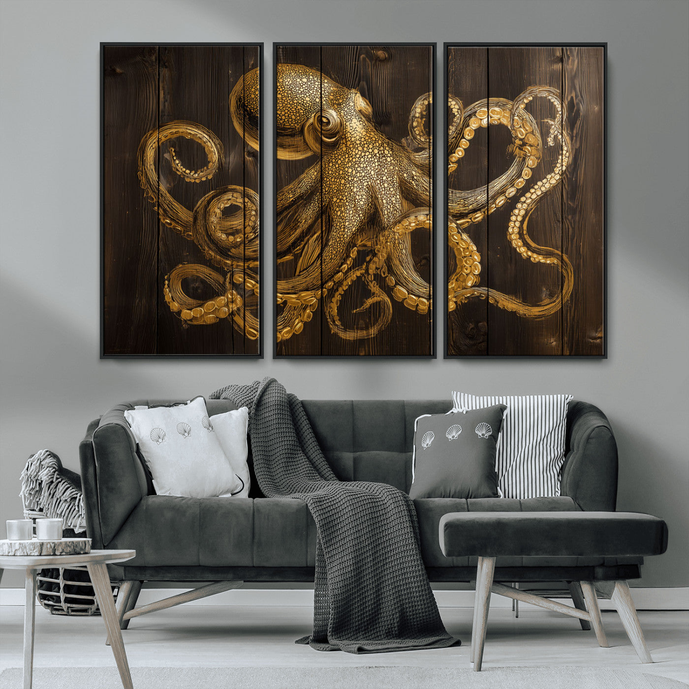56769669-MGV-CV-36X24-Octopus Wall Art – Gold Nautical Canvas Print with Rustic Wood Panel Design, Detailed Marine Artwork for Coastal Ocean Decoration