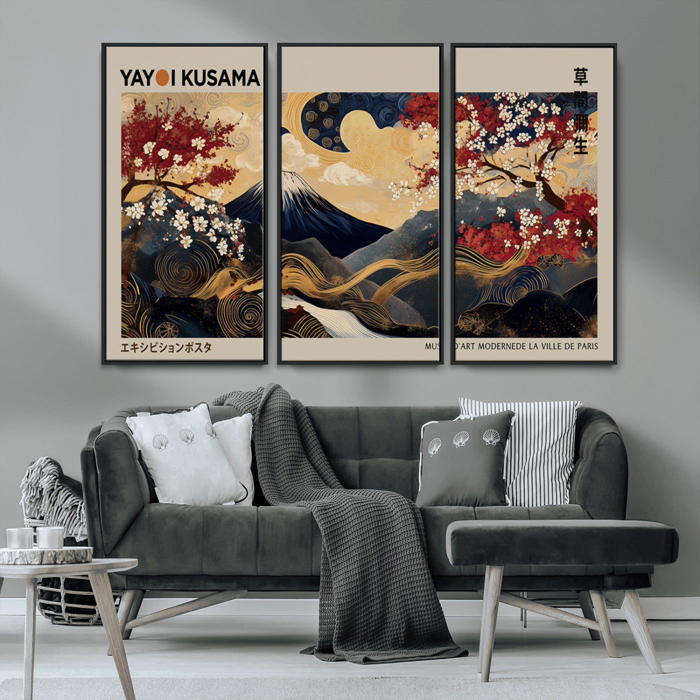 66892669-MGV-CV-36X24-Japanese Landscape Wall Art – Mount Fuji Canvas Print with Cherry Blossoms and Golden Waves, Traditional Asian Inspired Artwork