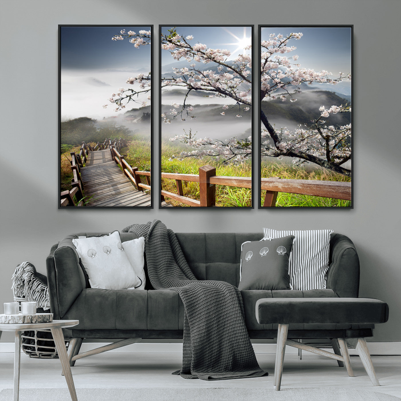 34632598CRY-MGV-CV-36X24-Cherry Blossom Wall Art – Scenic Asian Landscape Canvas Print with Wooden Walkway, Misty Mountains and Sunrise, Serene Nature