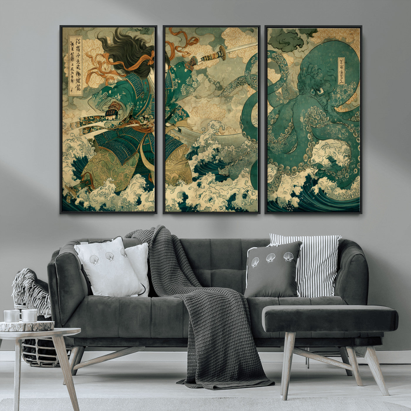 24416422-MGV-CV-36X24-Tsukioka Yoshitoshi Samurai Wall Art Print, Japanese Katana Warrior Canvas Wall Art, Octopus Sea Monster Canvas Print,