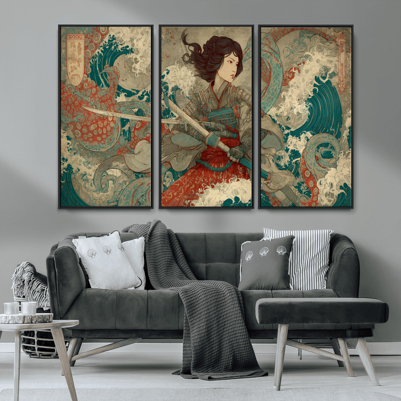 63377977-MGV-CV-36X24-Tsukioka Yoshitoshi Samurai Wall Art Print, Japanese Katana Warrior Canvas Wall Art, Octopus Sea Monster Canvas Print,