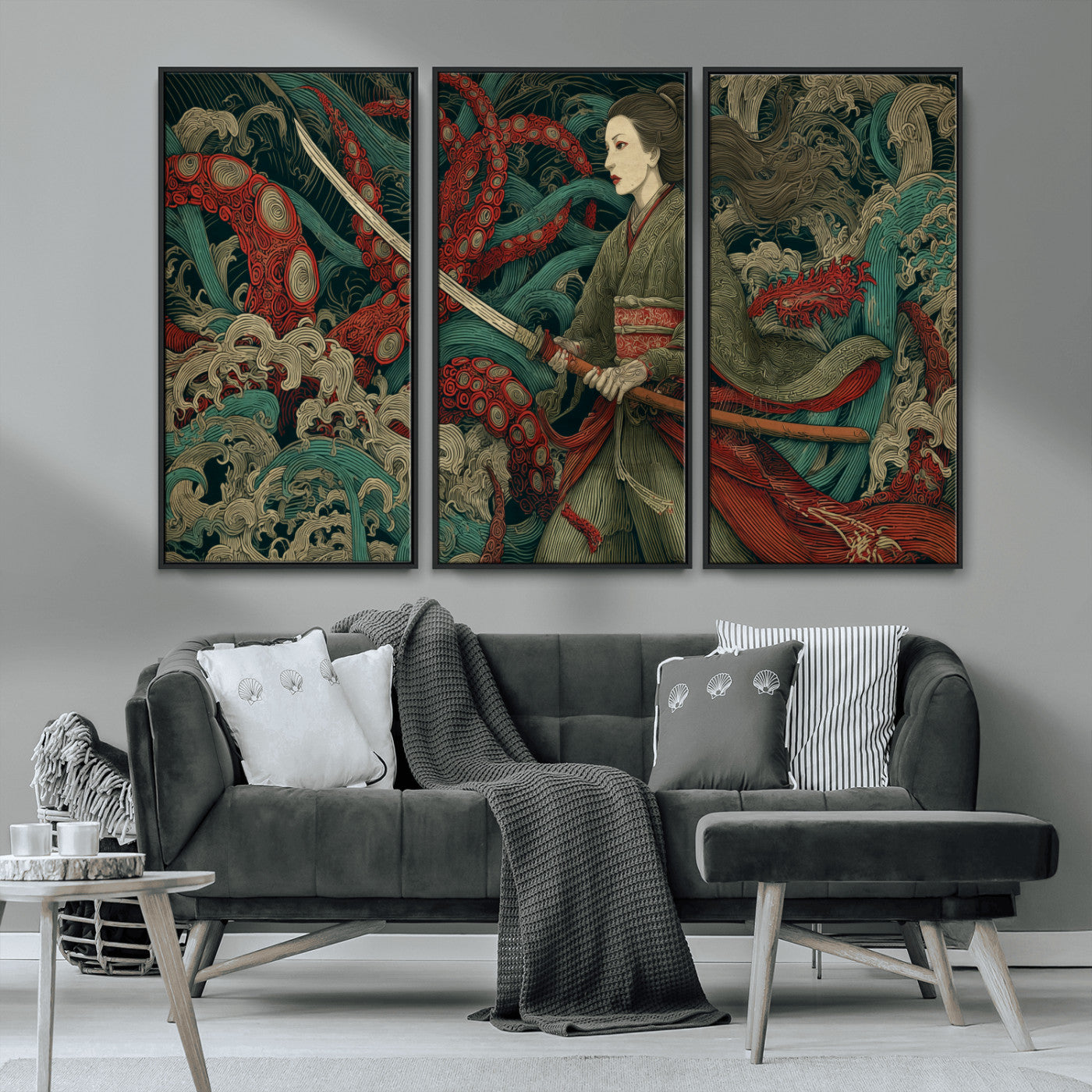 18902796-MGV-CV-36X24-Samurai Woman vs Octopus Wall Art – Japanese Ukiyo-e Green Kimono Canvas Print, Ocean Battle Scene Artwork for Living Room,