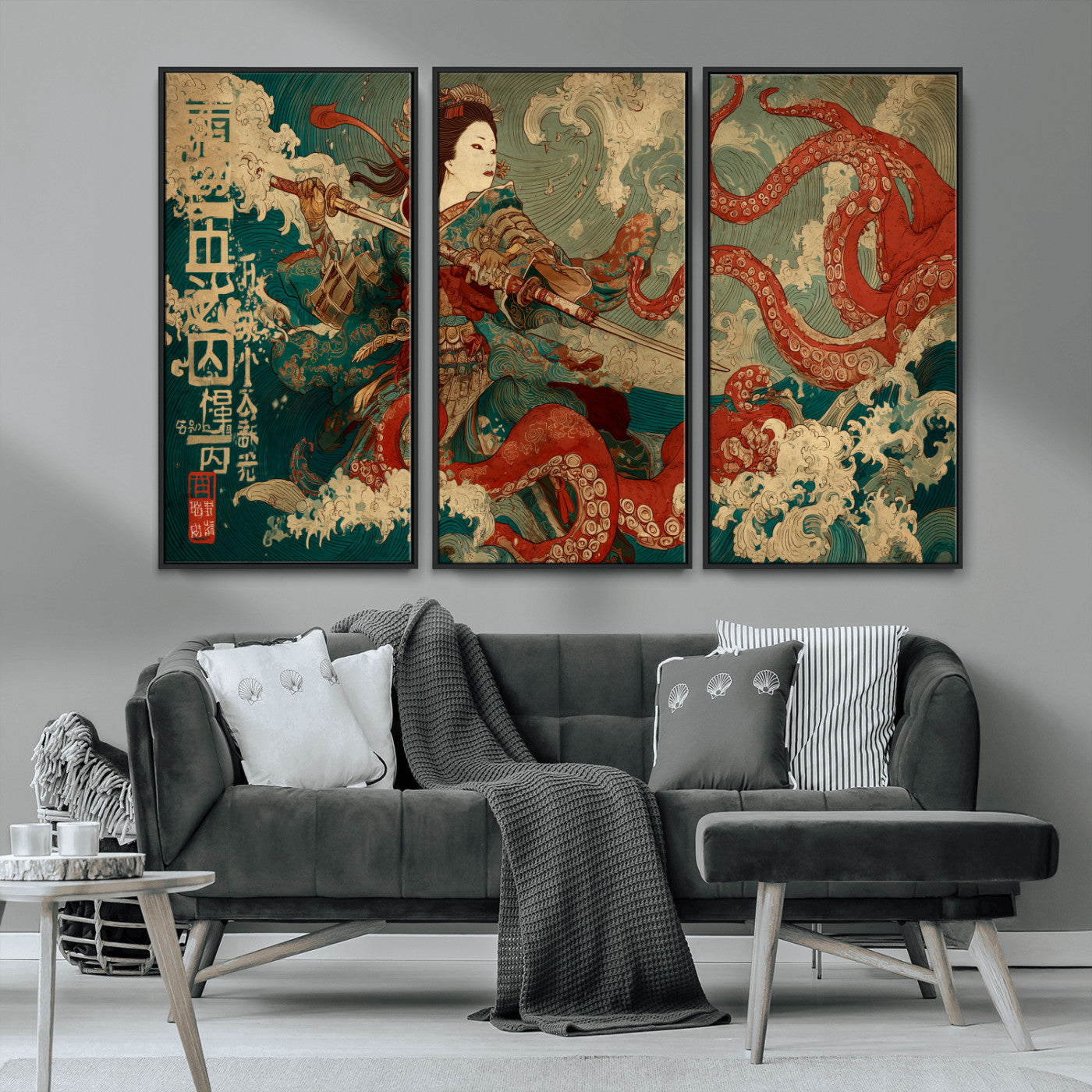 60201267-MGV-CV-36X24-Samurai Woman vs Octopus Wall Art – Japanese Ukiyo-e Armor Canvas Print, Red Tentacle Ocean Battle Artwork for Living Room,