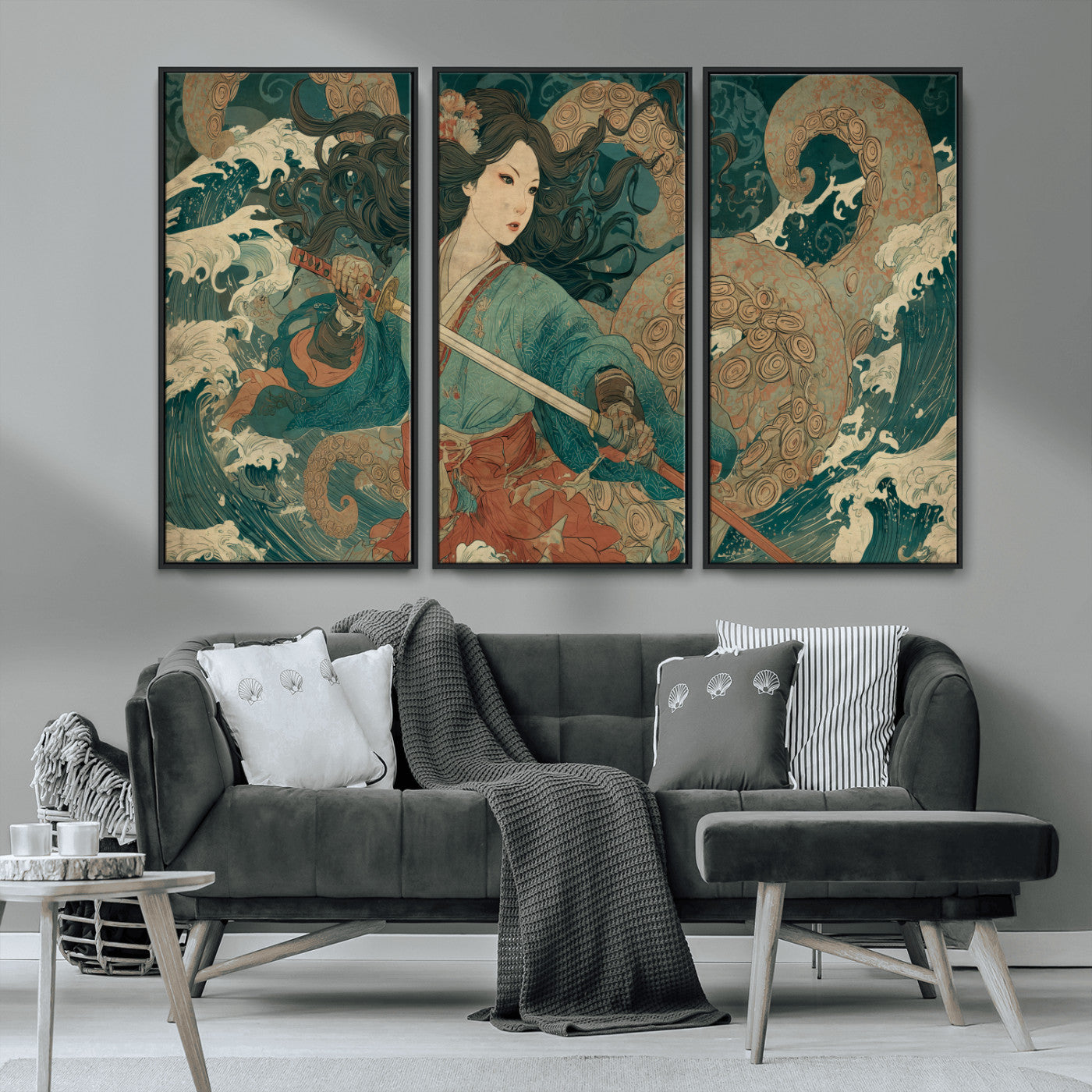 79740258-MGV-CV-36X24-Tsukioka Yoshitoshi Samurai Wall Art Print, Japanese Katana Warrior Canvas Wall Art, Octopus Sea Monster Canvas Print,