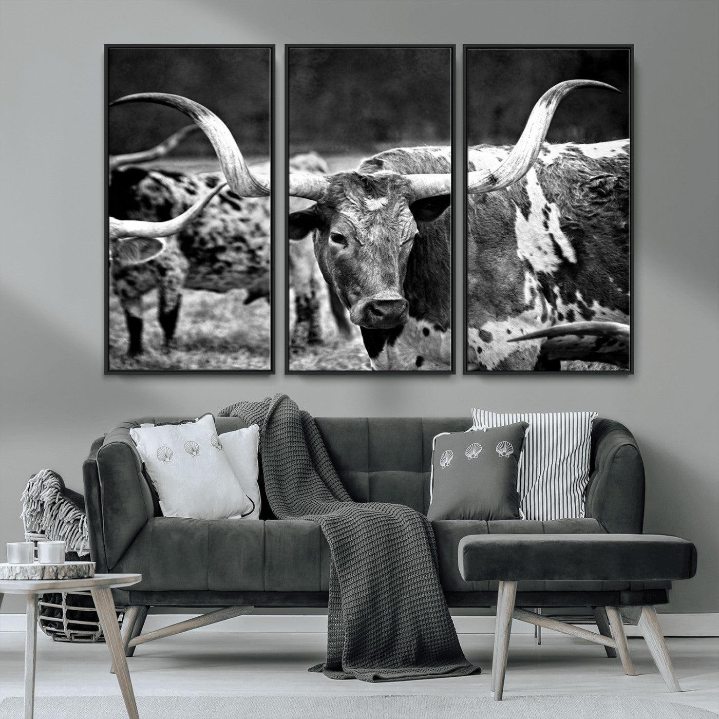 15425553-MGV-CV-36X24-Western Wall Art – Longhorn Cattle Black and White Canvas Print, Rustic Ranch Photography Decor for Bedroom, Living Room, Office,