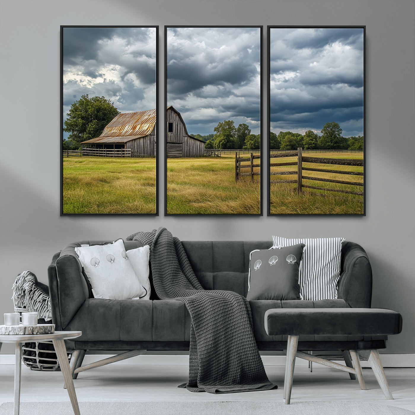 39409517-MGV-CV-36X24-Rustic Barn Wall Art – Weathered Farmhouse and Storm Clouds Canvas Print, Country Landscape Photography Decor for Bedroom, Living