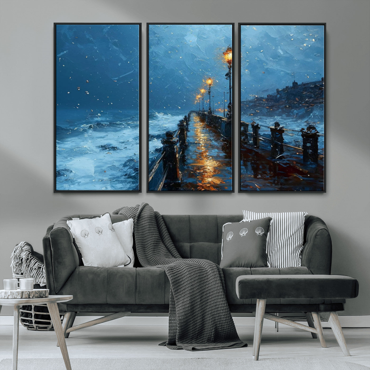 93793246-MGV-CV-36X24-Stormy Night Pier Canvas Wall Art – Moody Ocean Landscape with Lights, Blue Coastal Seascape Print for Bedroom, Living Room,