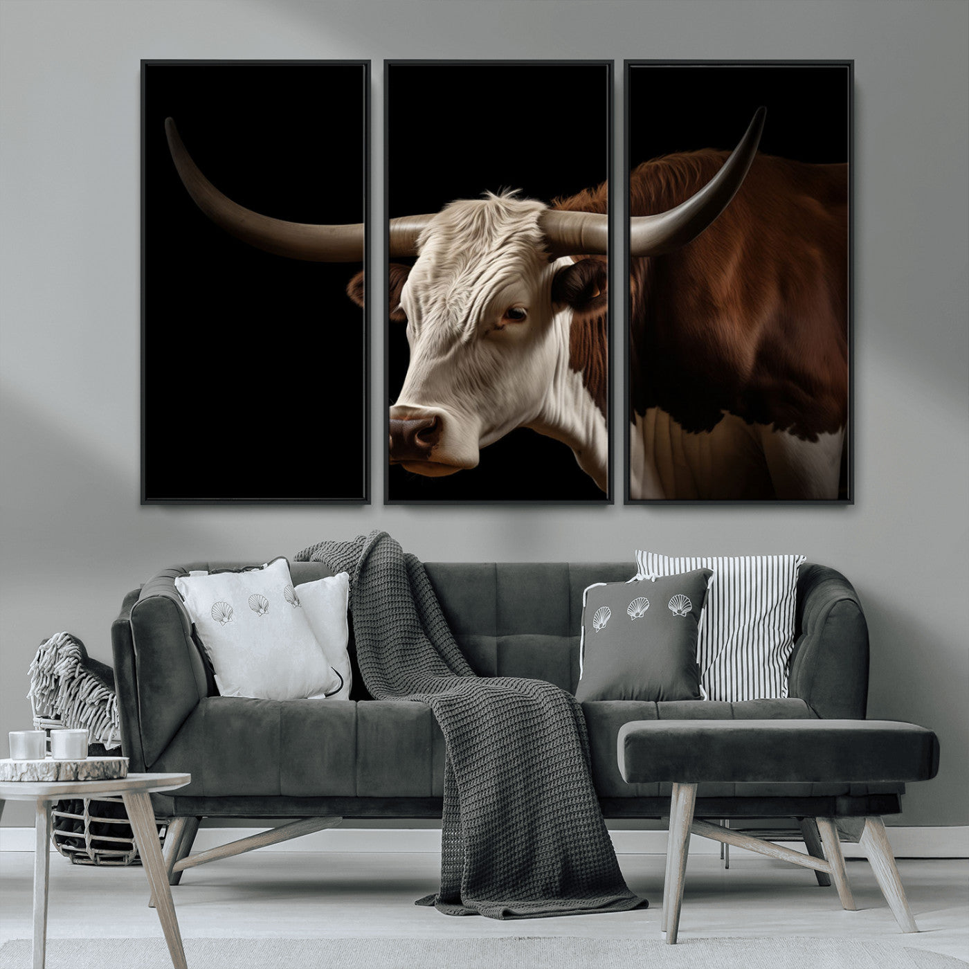 27414857-MGV-CV-36X24-Texas Longhorn Bull Canvas Wall Art – Rustic Western Farmhouse Decor, Brown & White Cow Portrait, Animal Print for Ranch Home
