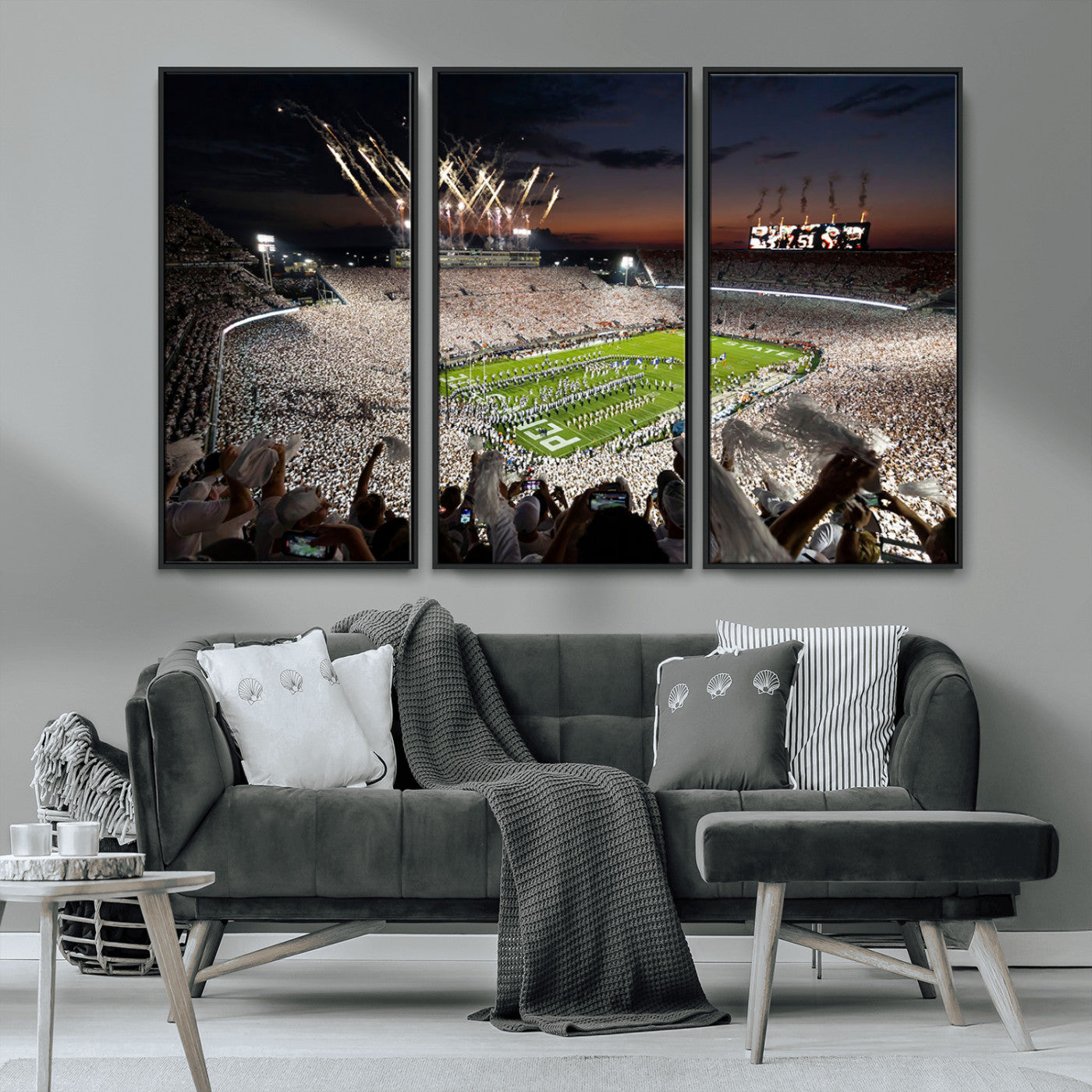 11221988-MGV-CV-36X24-Football Stadium Wall Art – Game Day Crowd with Fireworks, Sports Fan Photography Print, Stadium Decor for Man Cave, Bar, or