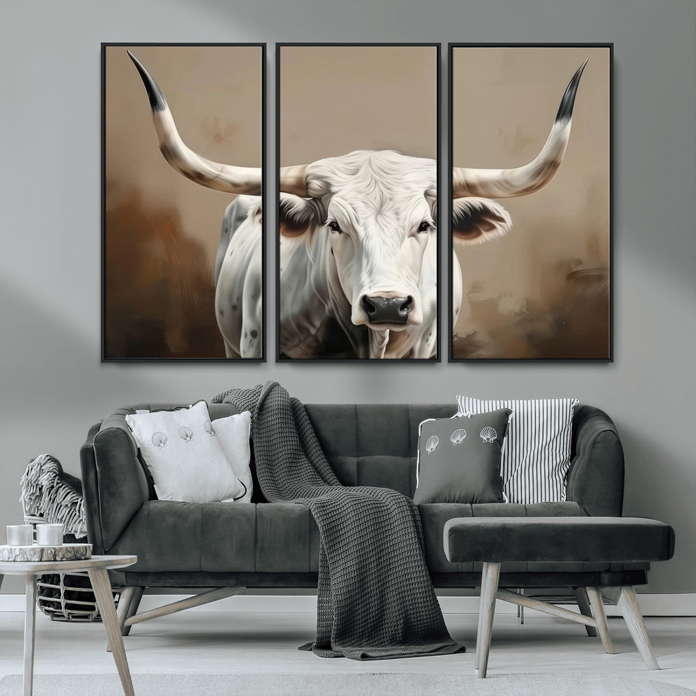 63550-MGV-CV-36X24-Texas Longhorn Wall Art Canvas Print, Framed White Bull Art Picture Print, Horned Cattle Perfect Rustic Western Decor Artwork