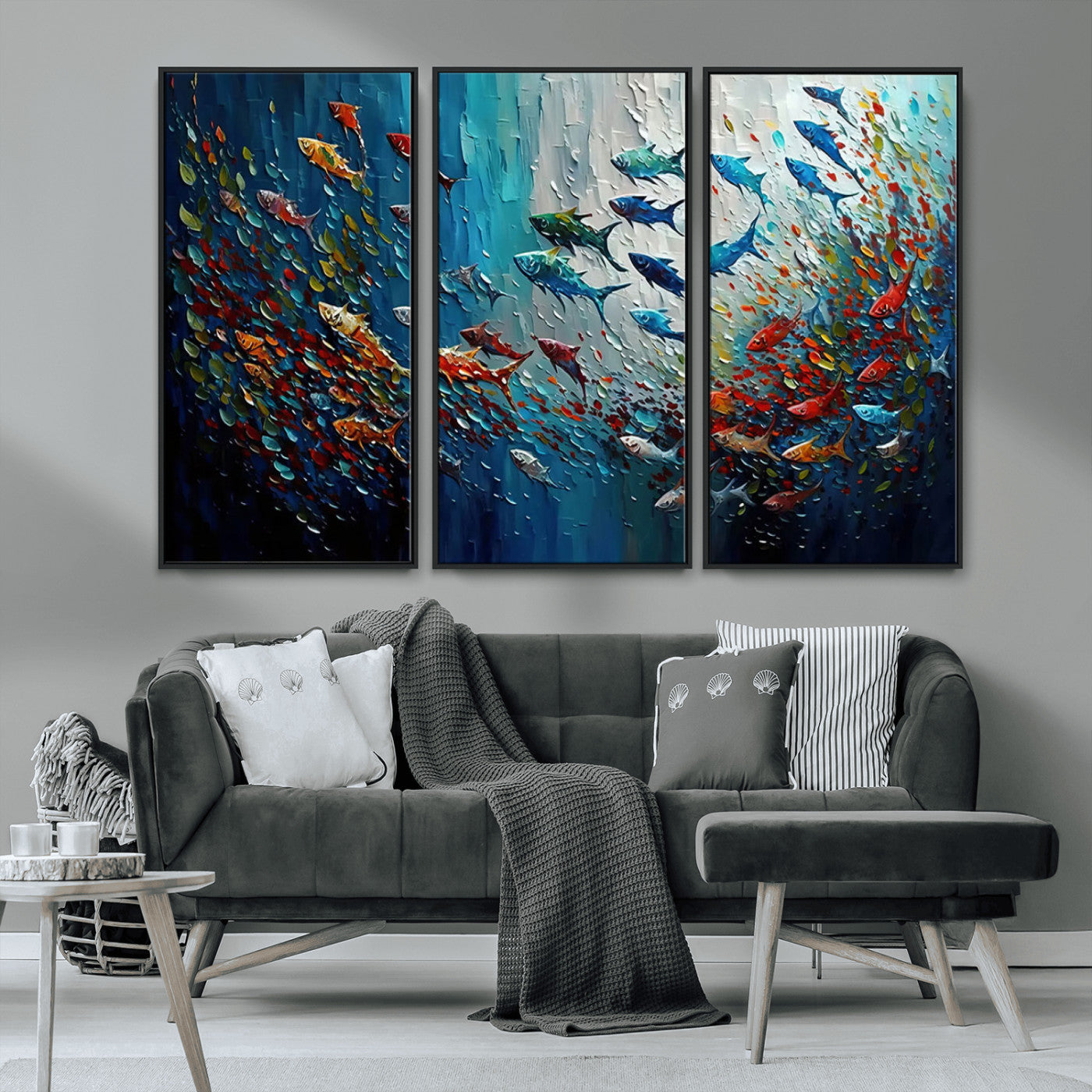 89626-MGV-CV-36X24-Fish Swarm Wall Art Canvas Print, Framed Abstract Ocean Art Picture Print, Underwater Life Perfect Vibrant Coastal Decor Artwork