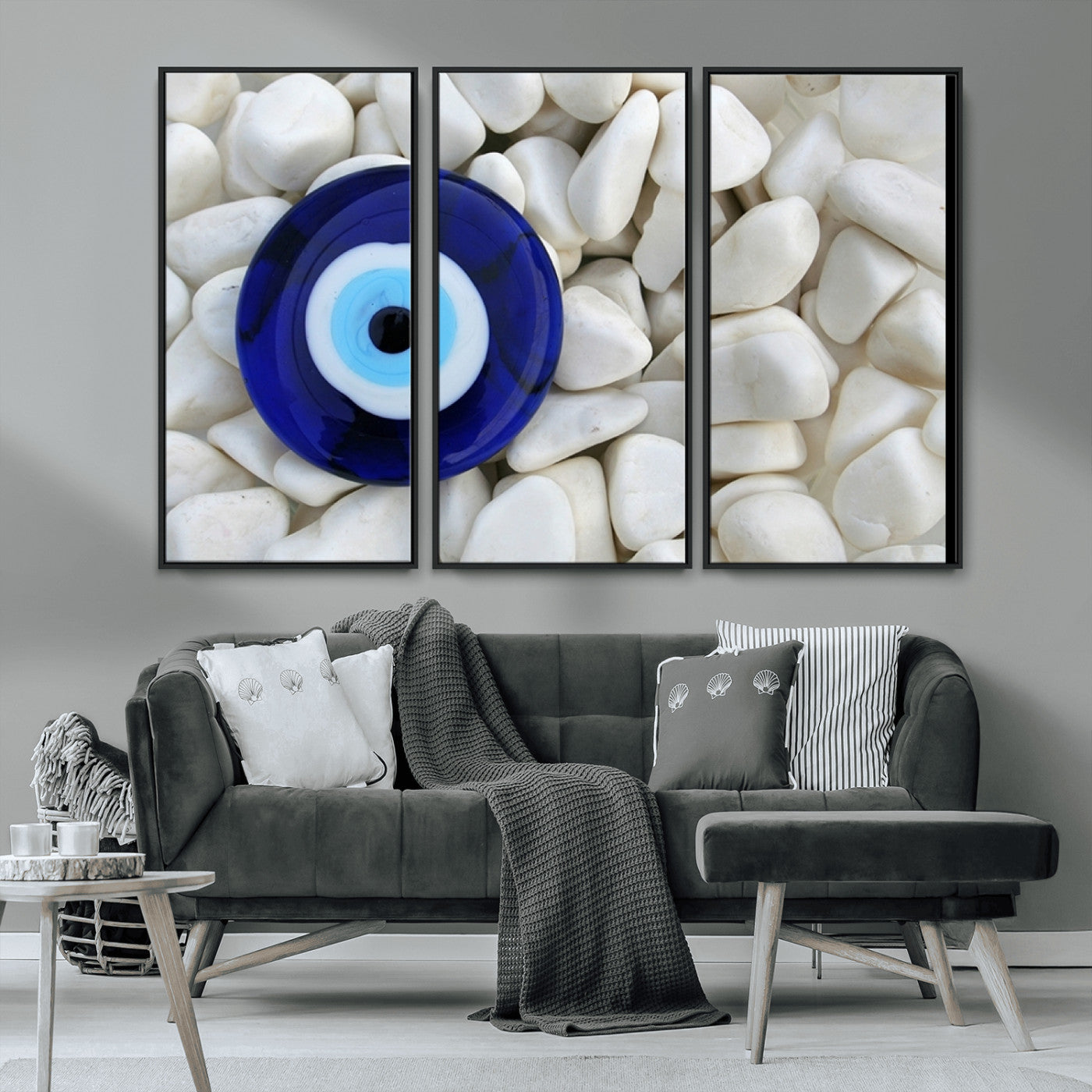 48883-MGV-FC-48X32-3P_Black-Evil Eye Wall Art – Deep Blue Symbol of Presence and Calm on White Stones, Subtle Spiritual Decor for Entryway, Studio, Office or