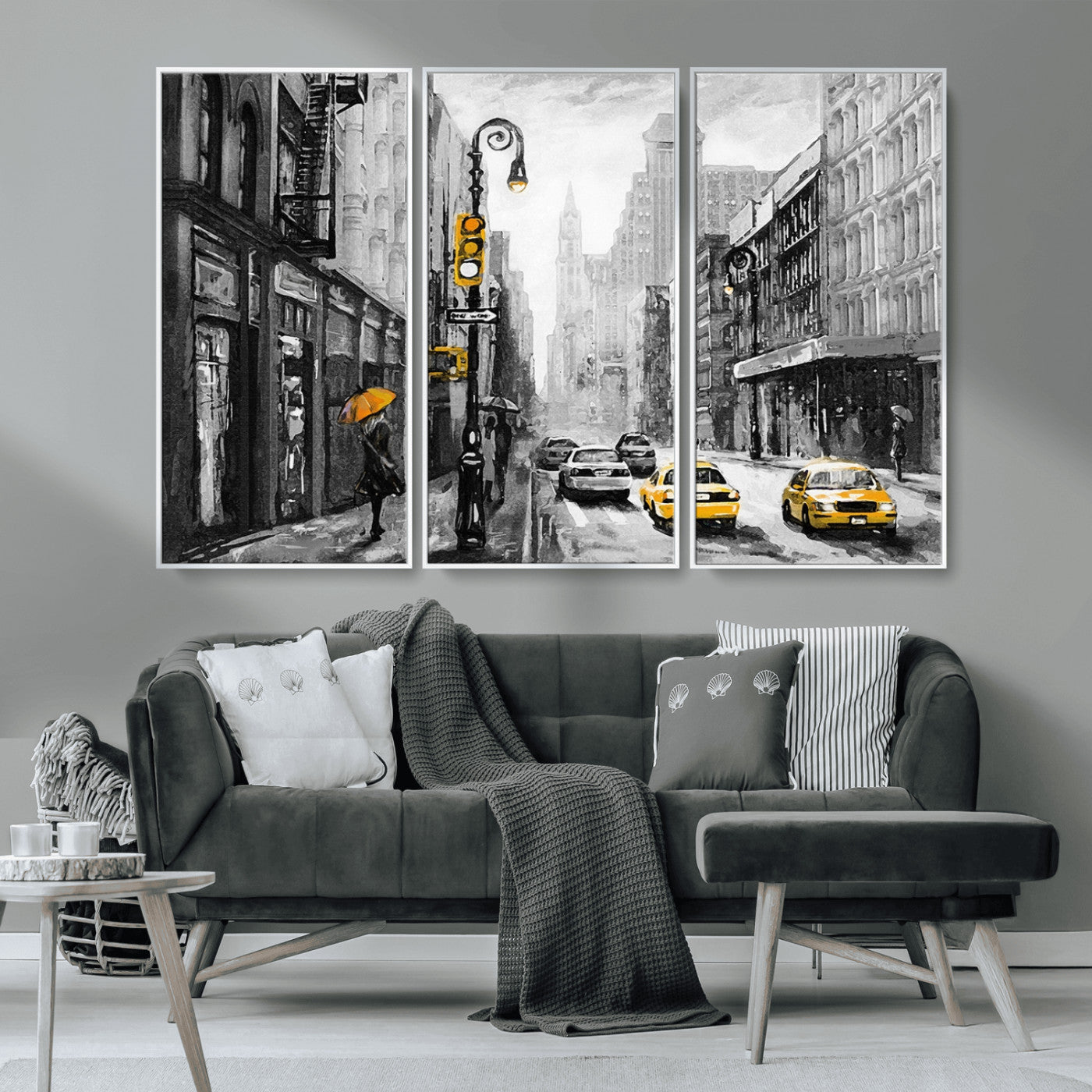 32362-MGV-CV-36X24-NYC Street Wall Art – Black and White Cityscape with Yellow Taxis and Umbrella Canvas Print, Urban Home Decor for Living Room or