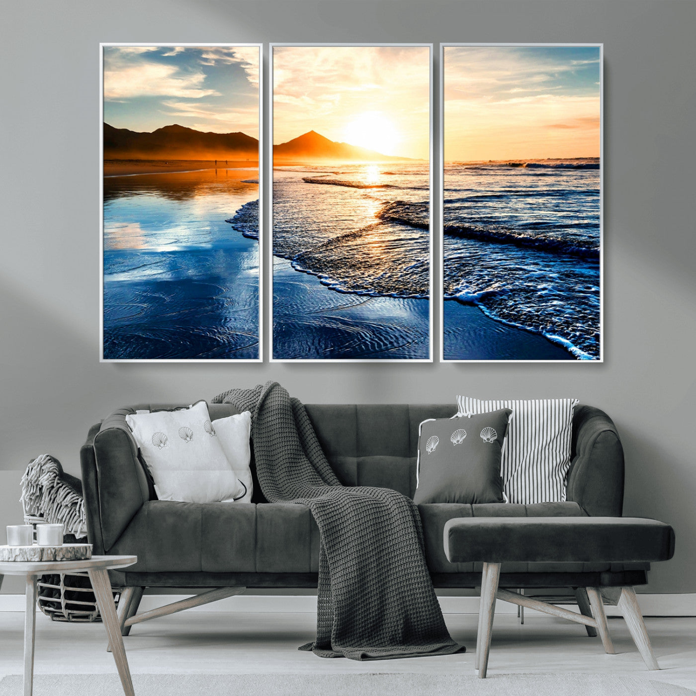 86173-MGV-CV-36X24-Golden Sunset Beach Wall Art – Reflective Ocean Canvas Print with Mountains and Waves, Coastal Nature Decor for Living Room,
