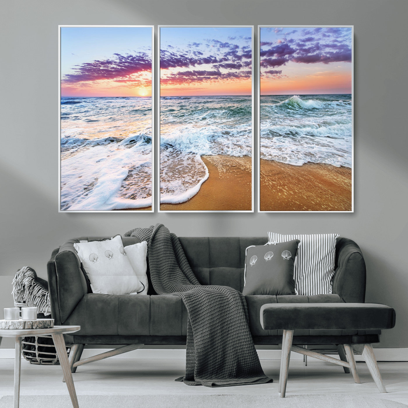 53006-MGV-FC-48X32-3P_White-Ocean Beach Sunset Wall Art – Vibrant Seascape Canvas Print, Coastal Home Decor for Living Room, Bedroom, Office or Beach House