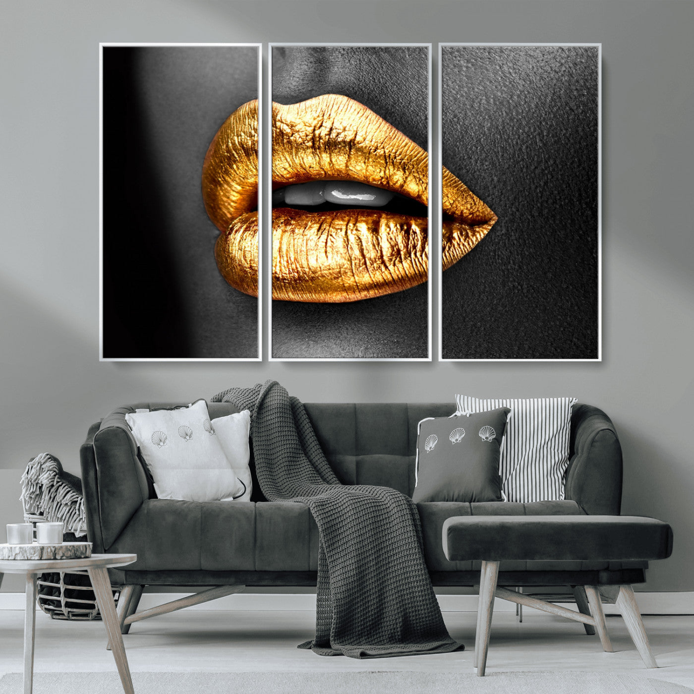 84747-MGV-FC-48X32-3P_White-Golden Lips Black & White Portrait – Glamorous Metallic Lip Art Print, Modern Wall Decor for Bedroom, Beauty & Fashion Lover Gift