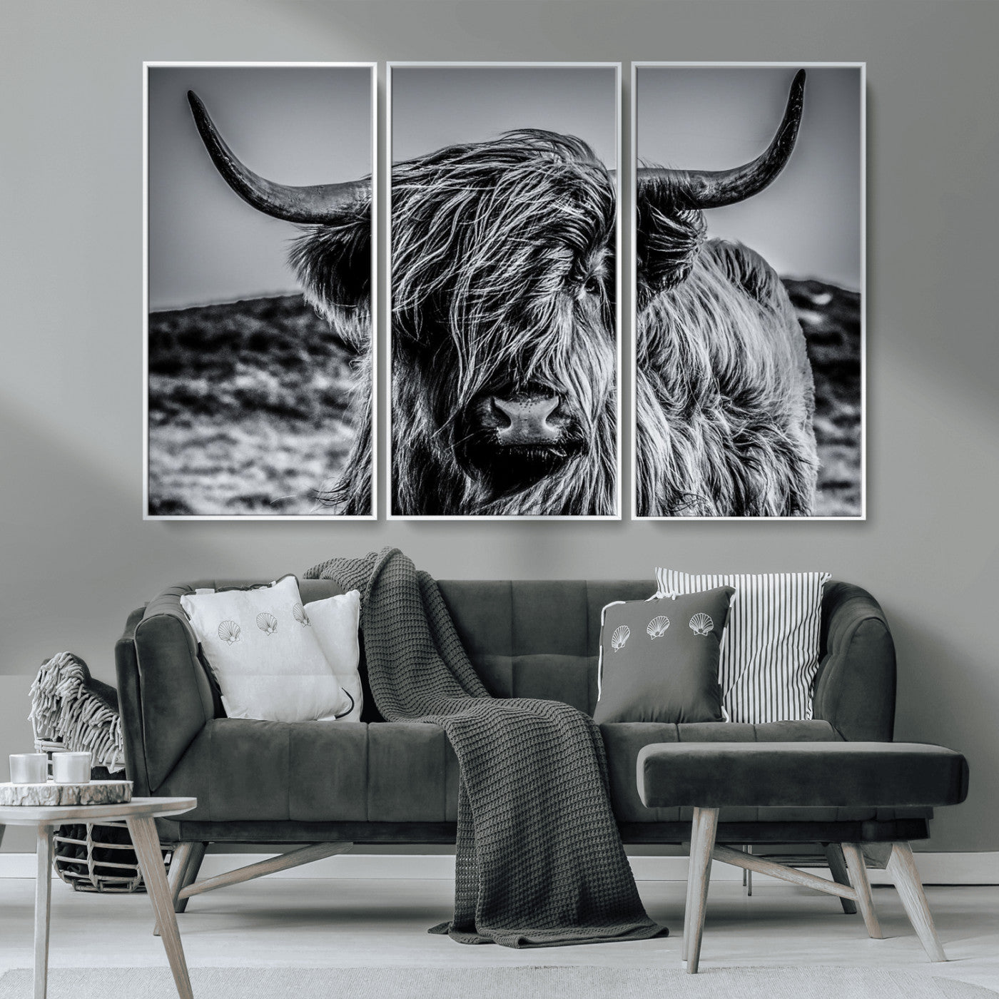 97372-MGV-CV-36X24-Elegant Highland Cow Wall Art – Black and White Canvas Print, Rustic Nature Decor for Home, Office, Living Room or Man Cave