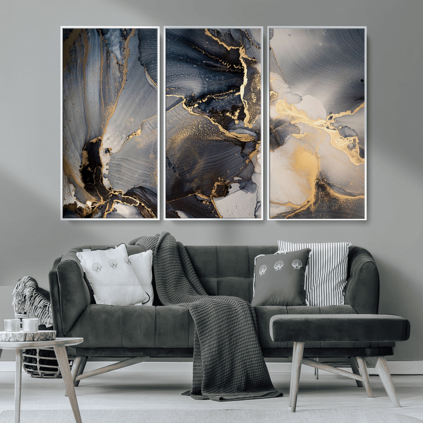 24068-MGV-CV-36X24-Luxury Abstract Wall Art – Gold & Gray Fluid Ink Painting Canvas, Modern Metallic Home Decor, Elegant Office or Living Room Accent