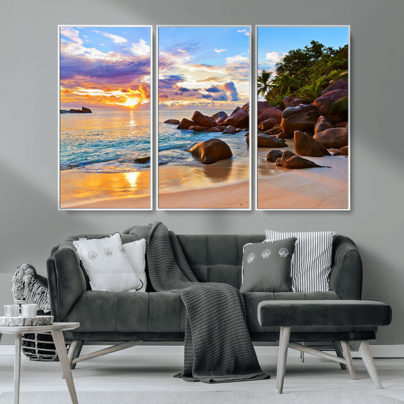 43209-MGV-CV-36X24-Tropical Beach Sunset Wall Art – Golden Ocean Waves and Palm Trees with Rocky Shore Canvas Print, Coastal Seascape Decor for