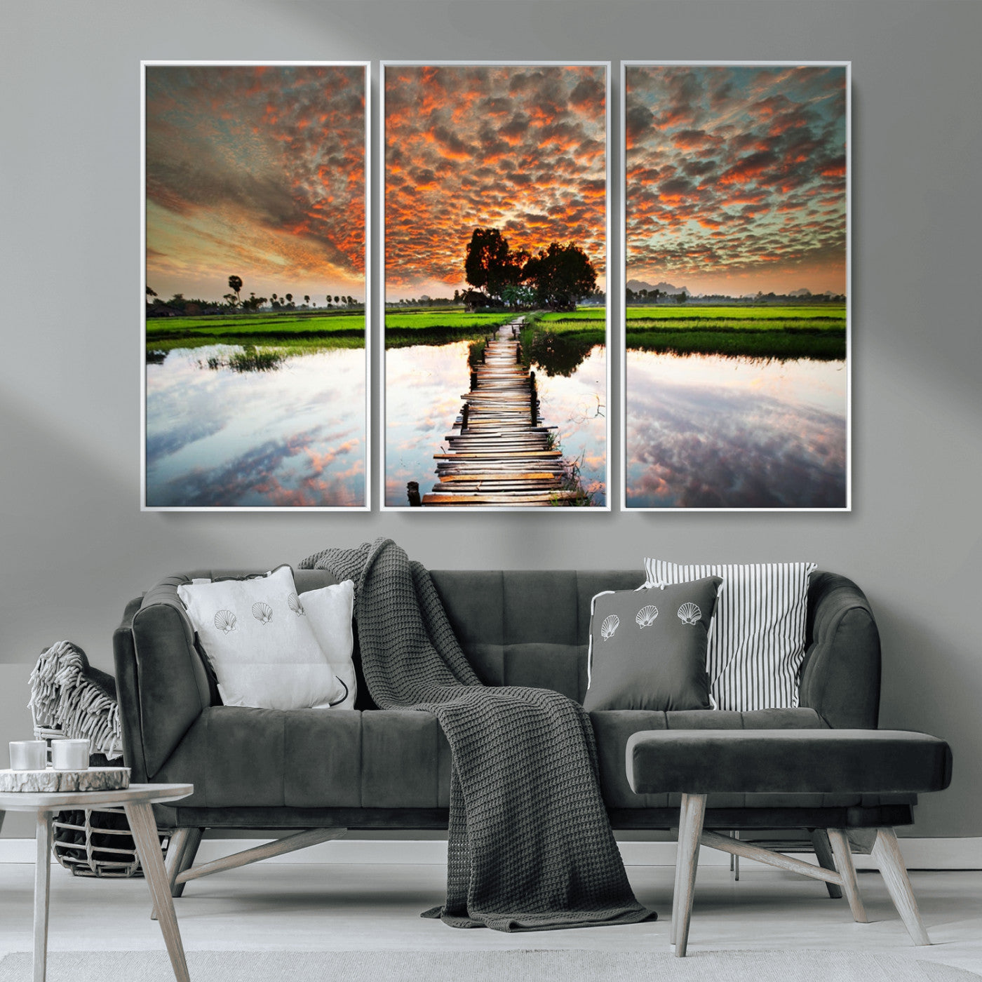 29105-MGV-CV-36X24-Rustic Wooden Bridge Wall Art – Scenic Sunset Over Rice Fields and Reflective Water Canvas Print, Nature Landscape Decor for