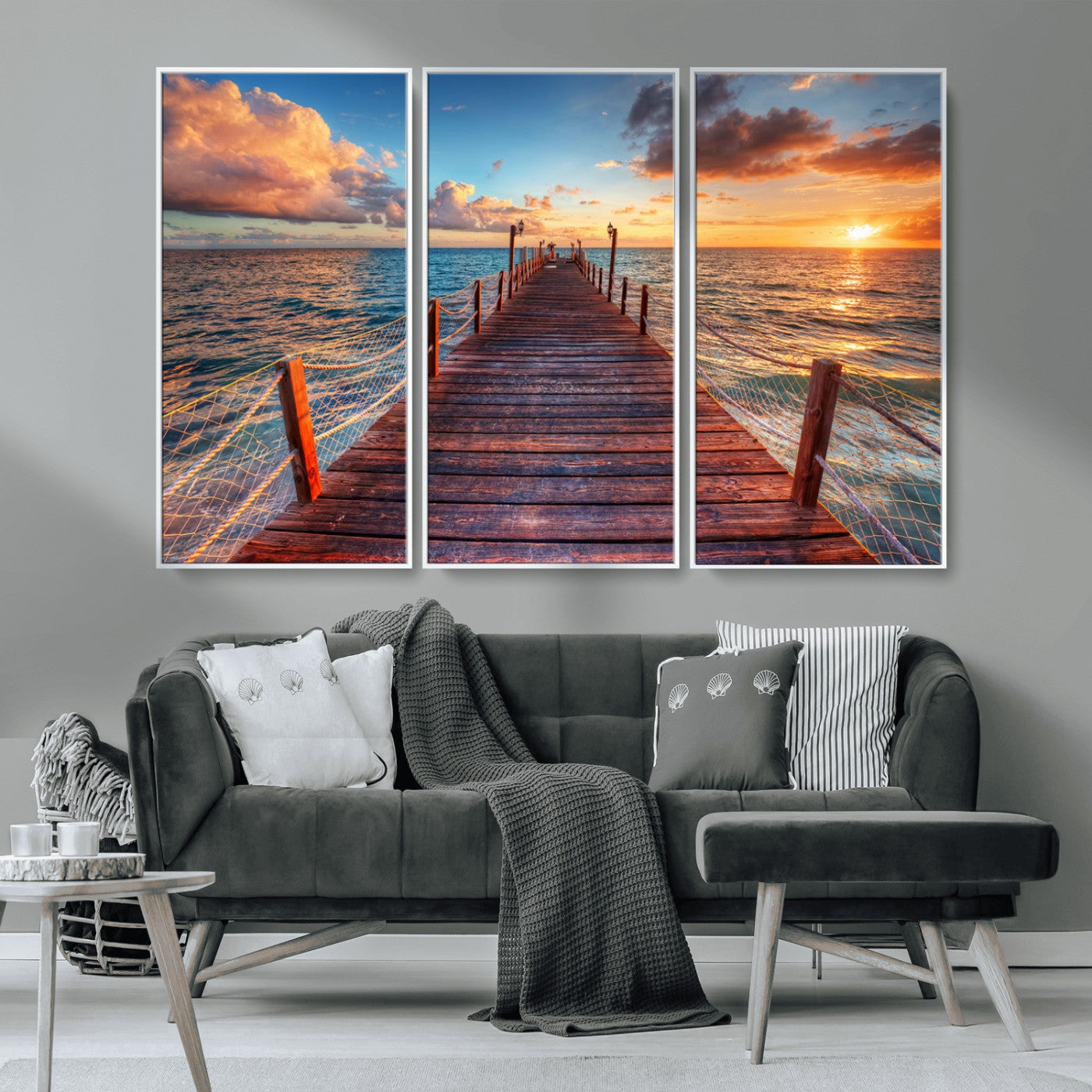 28836-MGV-CV-36X24-Ocean Pier Sunset Wall Art – Wooden Dock and Golden Horizon Canvas Print, Coastal Seascape Photography for Living Room, Bedroom,