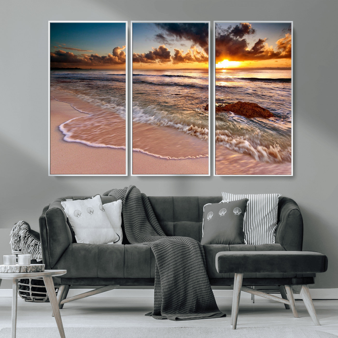 80979-MGV-CV-36X24-Golden Sunrise Beach Wall Art – Ocean Waves and Sandy Shore Canvas Print, Coastal Sunset Photography Artwork for Living Room,