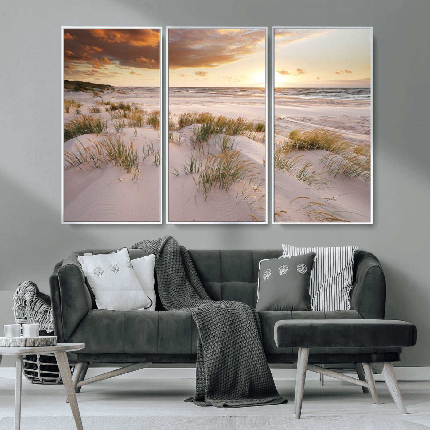 61246-MGV-CV-36X24-Coastal Sand Dunes Wall Art – Serene Beach Sunset Canvas Print with Grasses and Ocean View, Tranquil Seaside Decor for Living Room