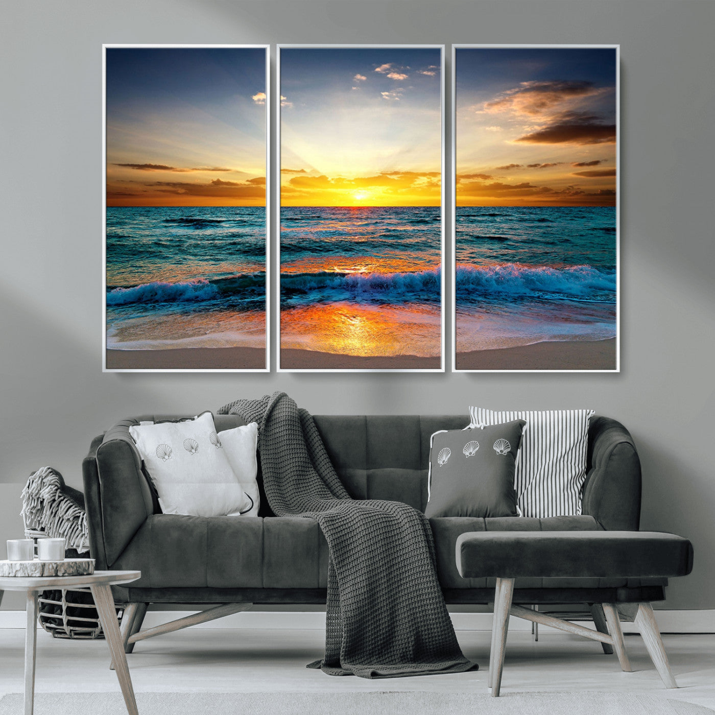 50627-MGV-CV-36X24-Ocean Sunset Wall Art – Serene Beach Canvas Print with Waves and Golden Sky, Coastal Decor for Living Room or Office