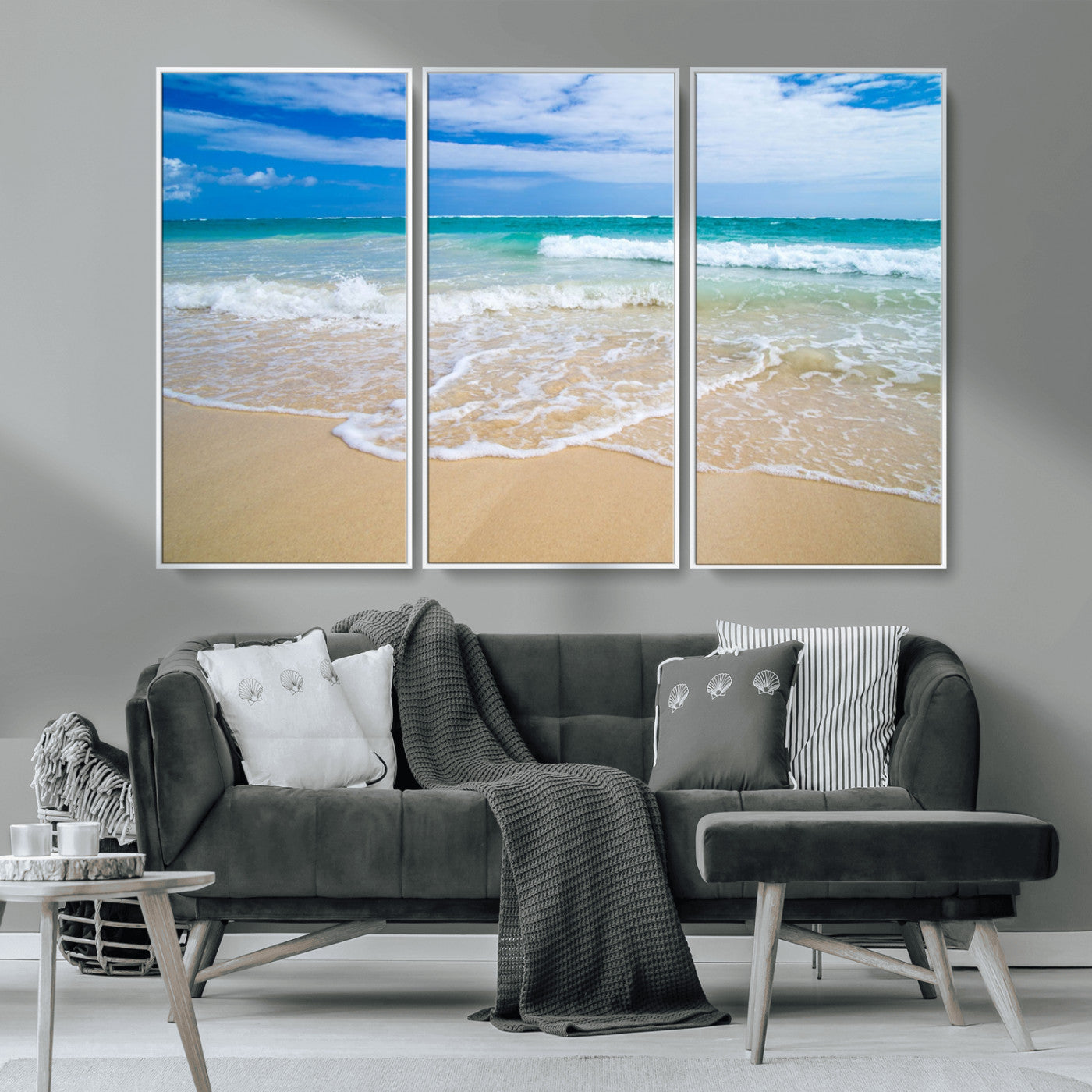 20660-MGV-CV-36X24-Ocean Wave Beach Wall Art – Serene Blue Sea and Sandy Shore Canvas Print, Coastal Landscape Photography Decor for Living Room or