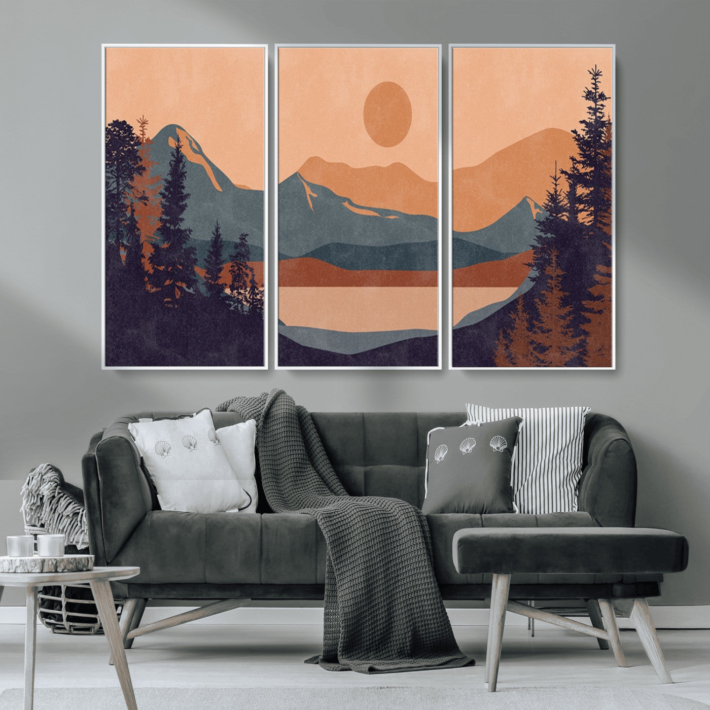 62795-MGV-CV-36X24-Minimalist Mountain Landscape Wall Art – Abstract Sunset Over Peaks and Pine Trees Canvas Print, Modern Nature Decor for Living