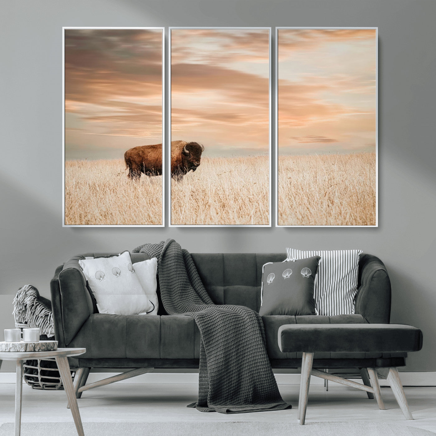 99699-MGV-CV-36X24-Bison in Prairie at Sunset – Wildlife Photography Print, American Buffalo Wall Art, Nature Landscape Canvas Decor for Office