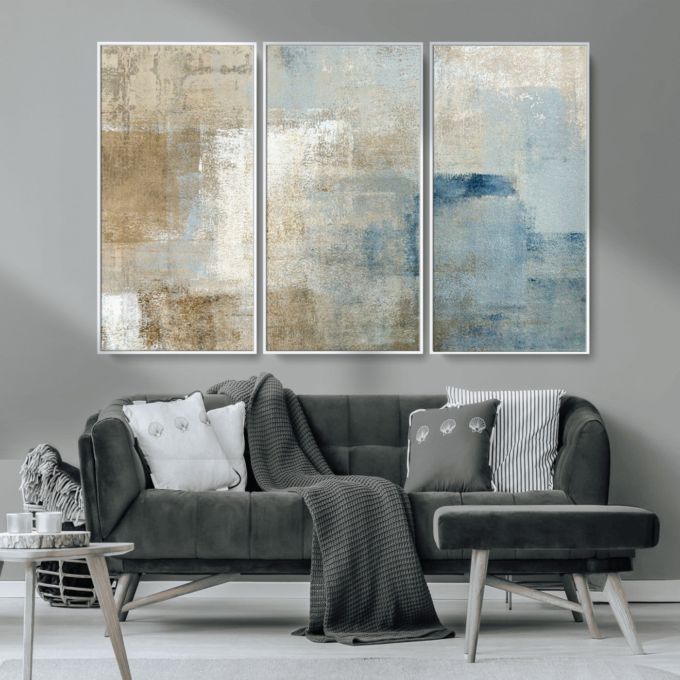38126-MGV-CV-36X24-Neutral Abstract Wall Art – Modern Beige and Blue Canvas Print and Minimalist Textured Painting for Living Room, Bedroom or Office