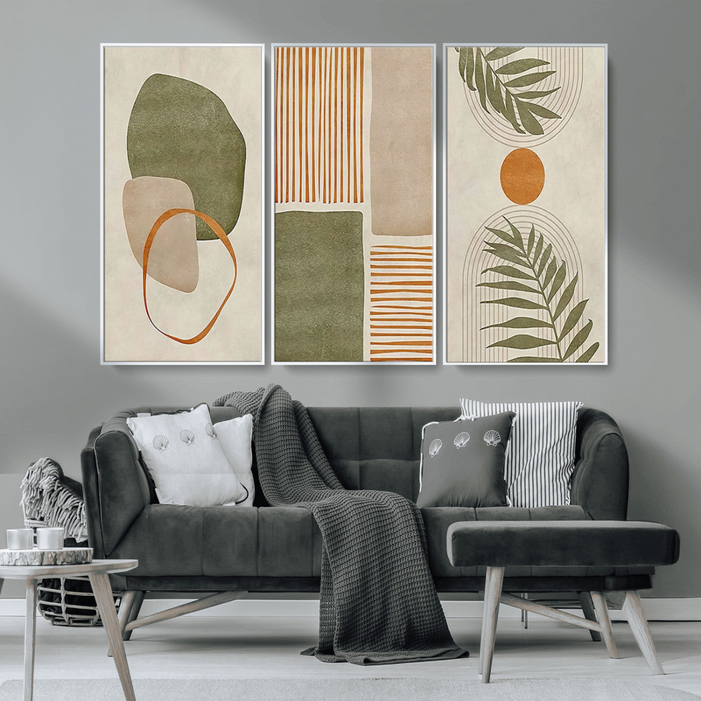 96002-MGV-CV-36X24-Abstract Geometric Wall Art – Modern Canvas Print with Green, Orange & Beige Shapes, Minimalist Home Decor for Living Room, Office