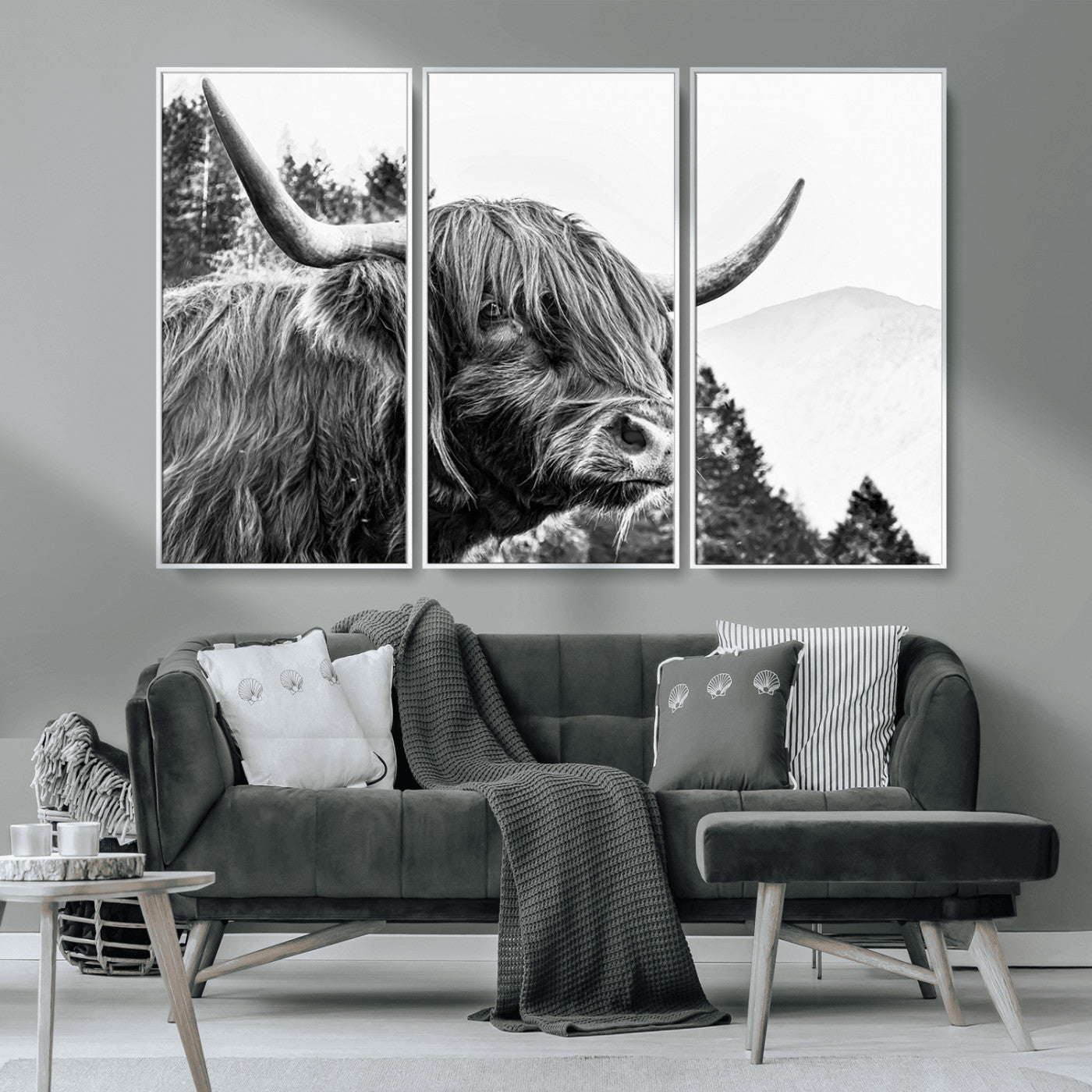61570-MGV-CV-36X24-Highland Cow Wall Art – Black and White Scottish Bull Canvas Print, Rustic Farmhouse Animal Decor for Living Room, Bedroom, or